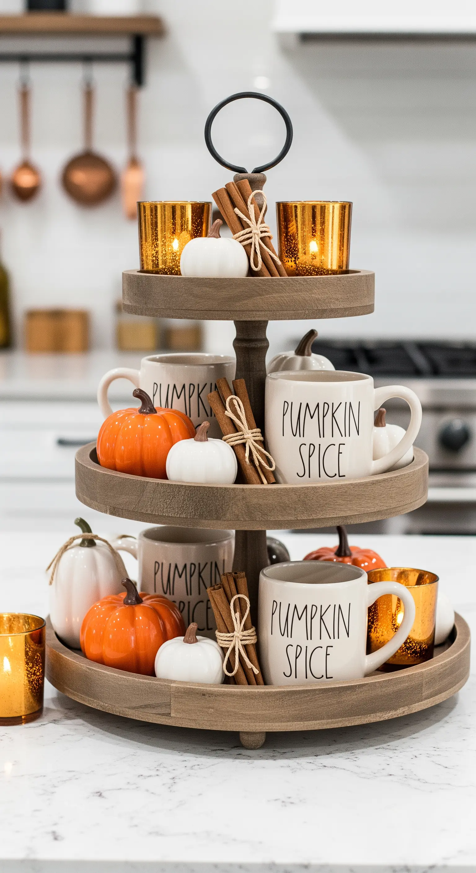 Holzetagere mit weißen Kürbissen, Zimtstangen und goldenen Teelichtern