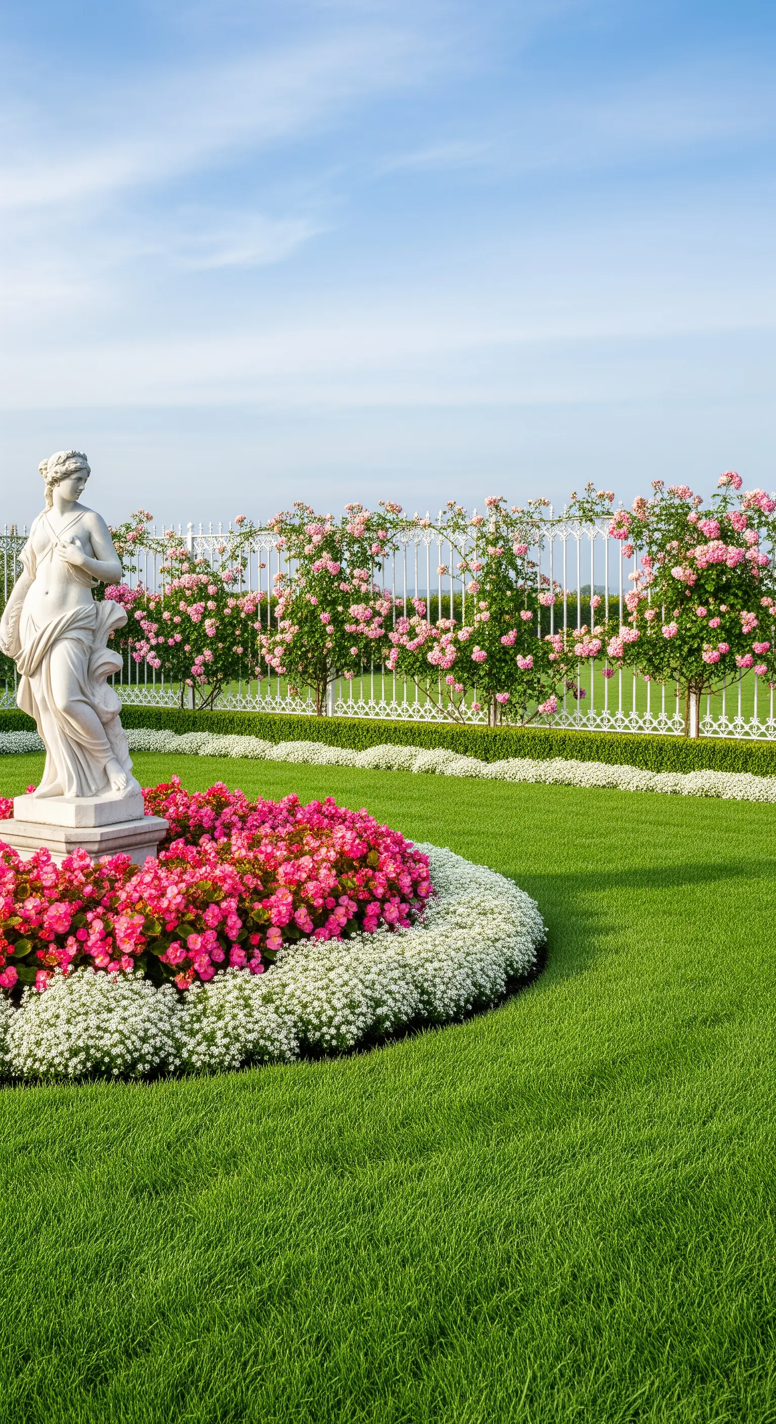 Weiße Statue im Blumenbeet