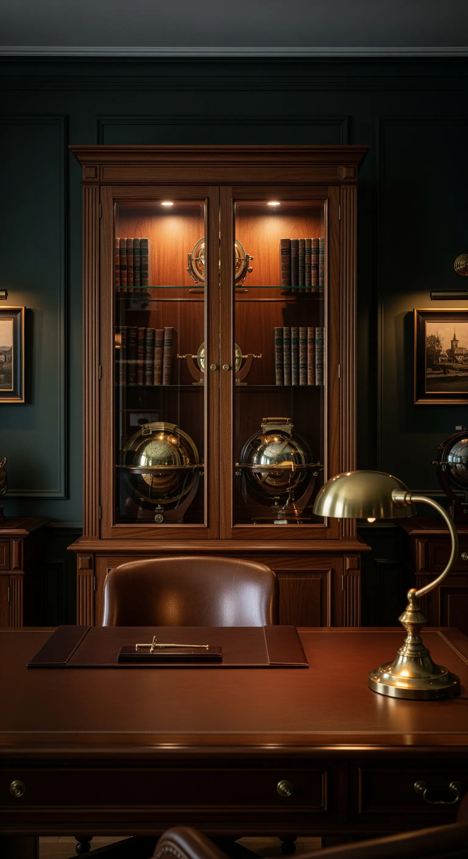 Edler Holzschrank mit Globen und antiken Büchern in einem dunkelgrünen Arbeitszimmer