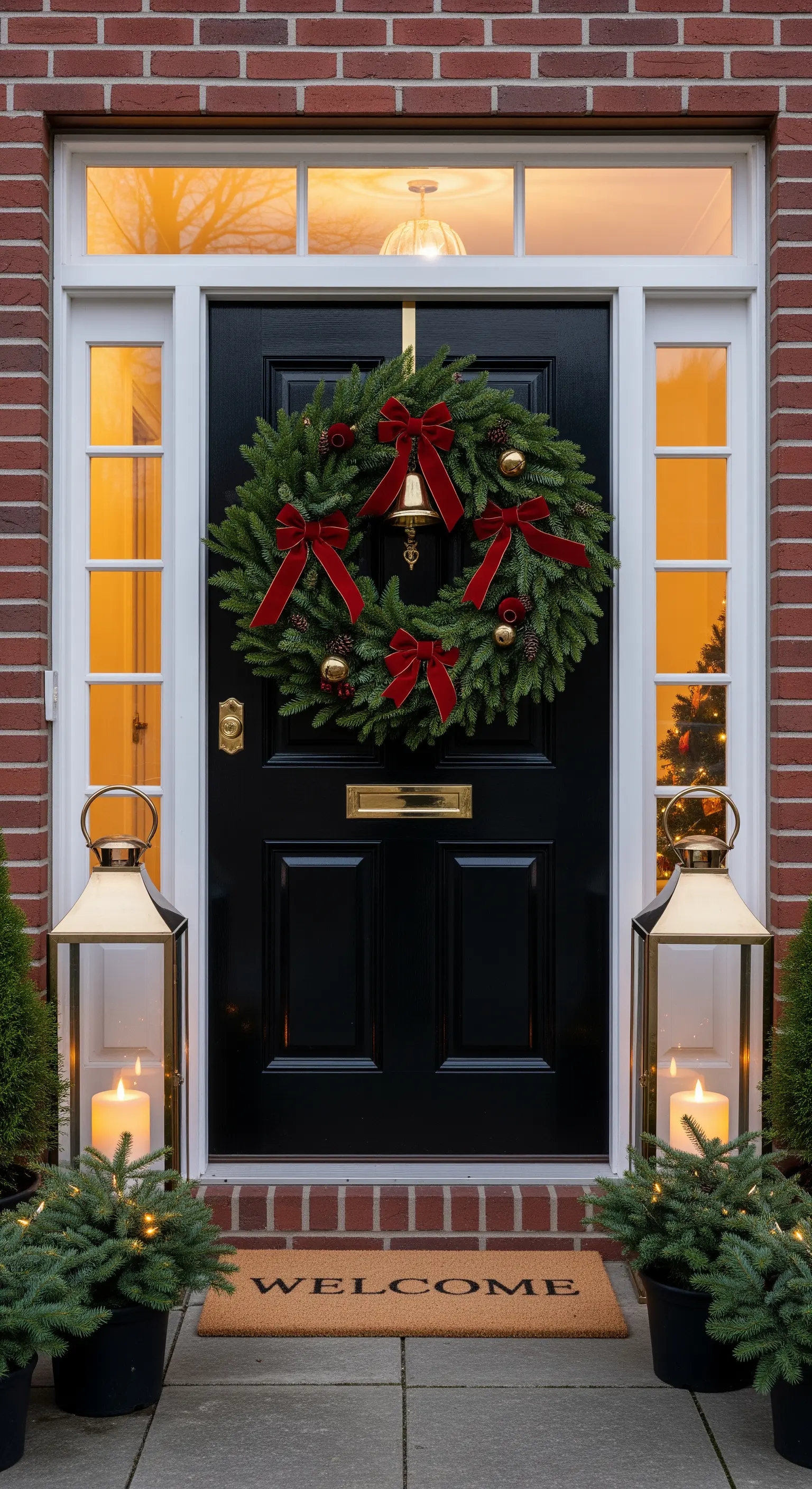 Symmetrische Weihnachtsdeko schwarze Tür mit goldenen Laternen