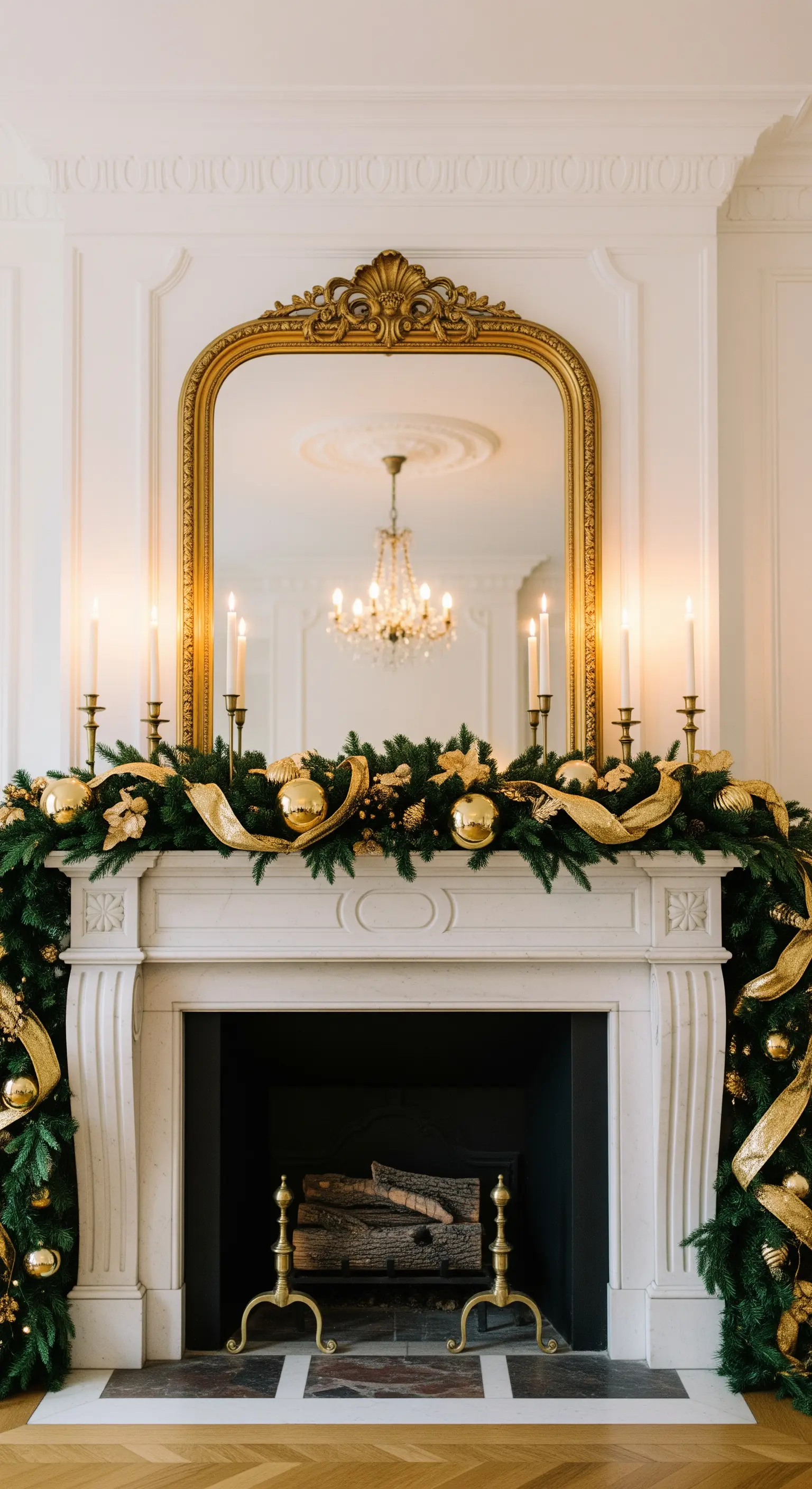 Weißer Kamin mit üppiger grüner Girlande, goldenen Kugeln und großen Kerzenständern.
