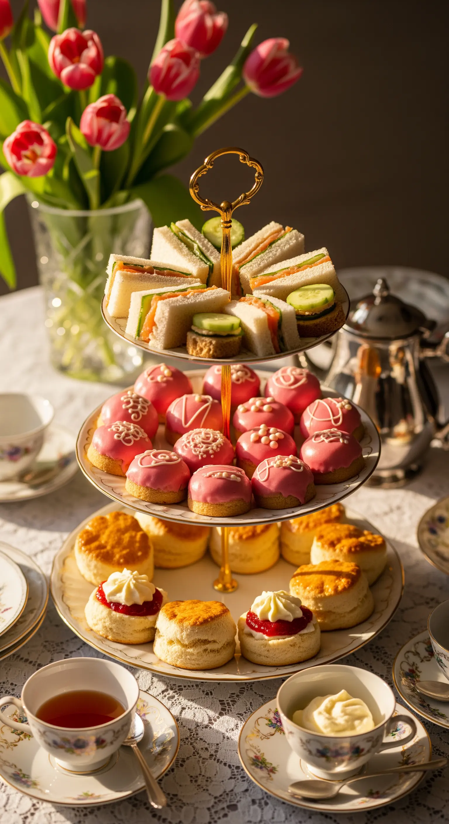 Etagere mit Sandwiches und Scones neben Tulpenstrauß