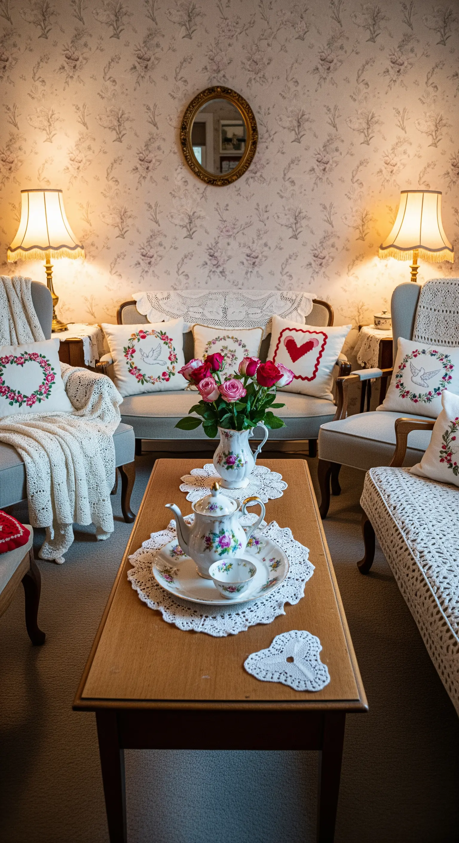 Vintage Teetisch mit Spitzendeckchen und Rosenmuster