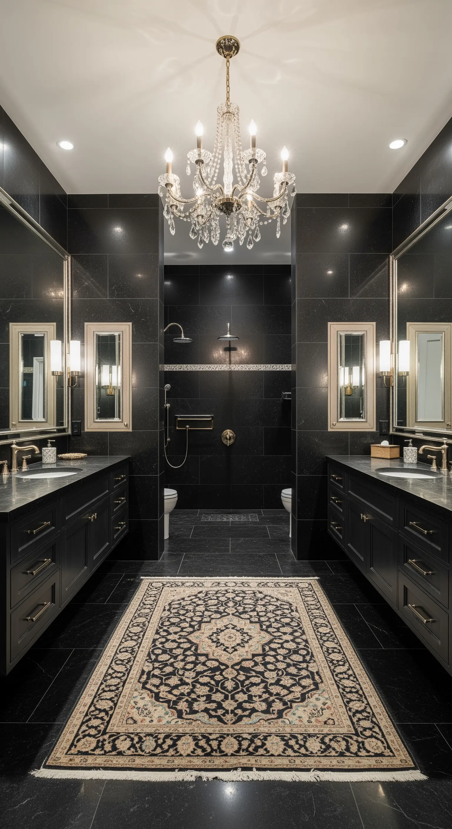 Perserteppich vor dunklem Doppelwaschtisch im Luxusbad