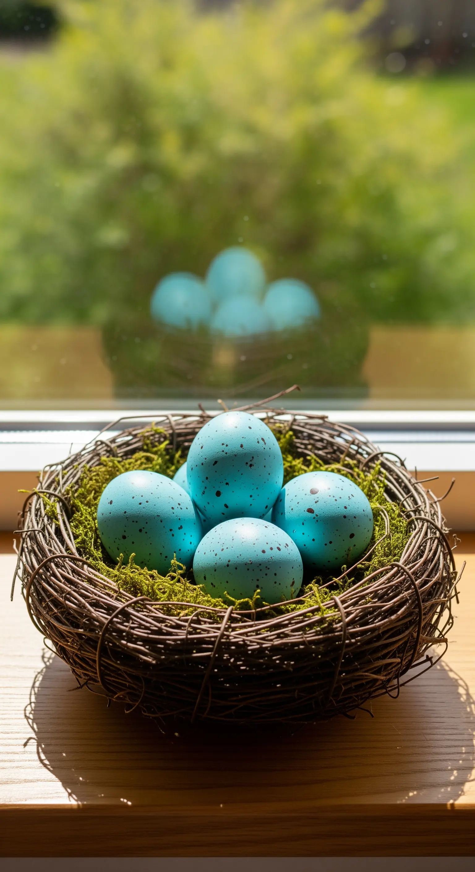 Türkis gesprenkelte Eier im Vogelnest auf Fensterbank