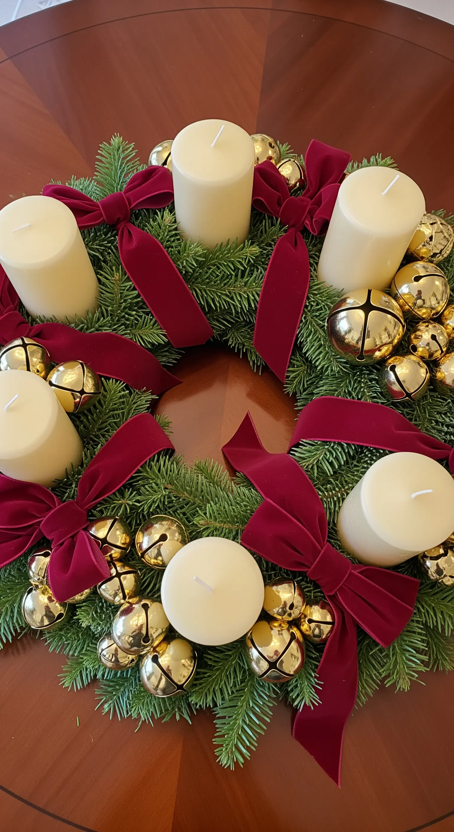 Klassischer grüner Tannenkranz mit weißen Kerzen, roten Samtschleifen und Goldglöckchen