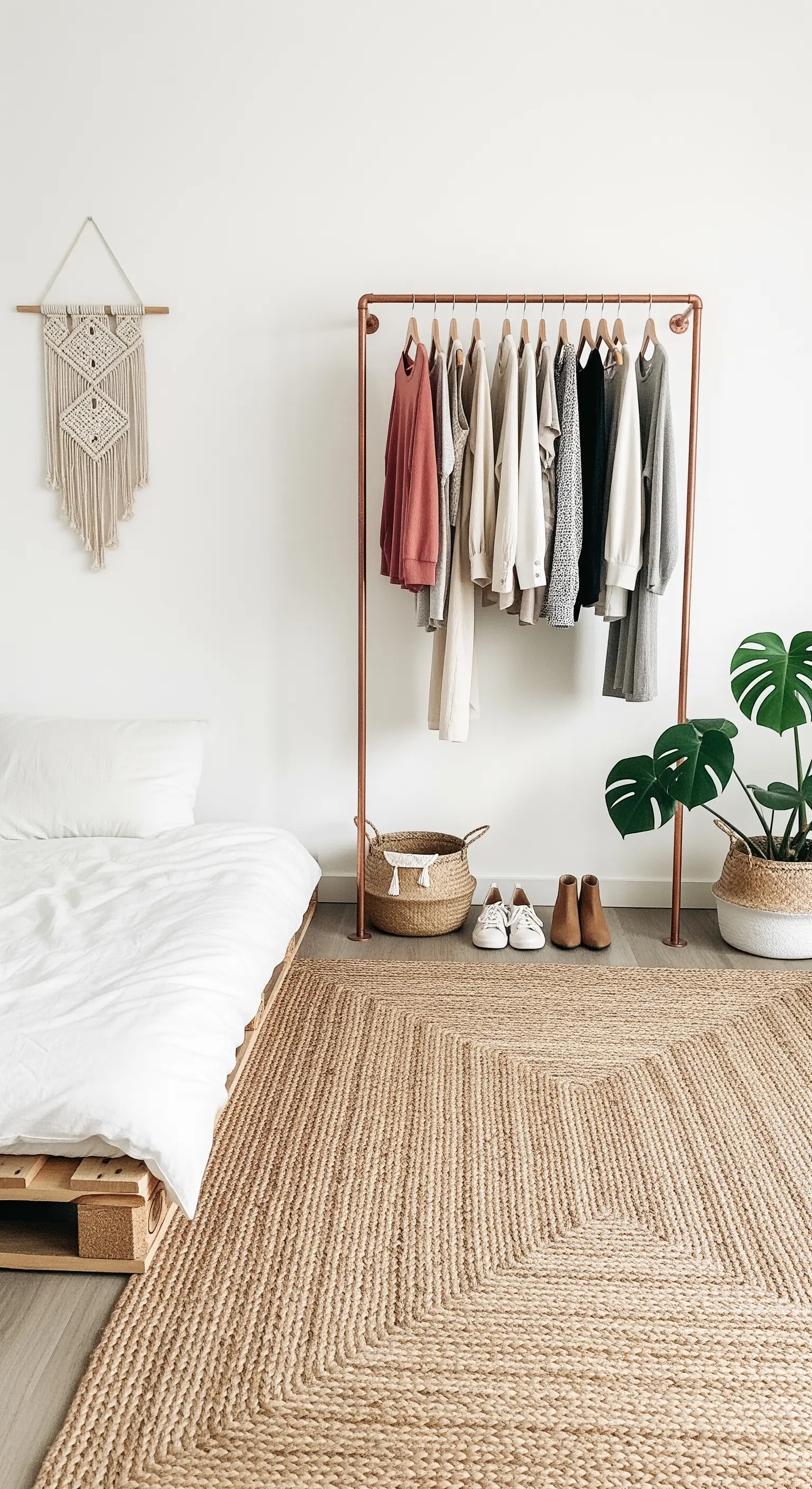 Offene Kleiderstange aus Kupferrohr neben weißem Bett