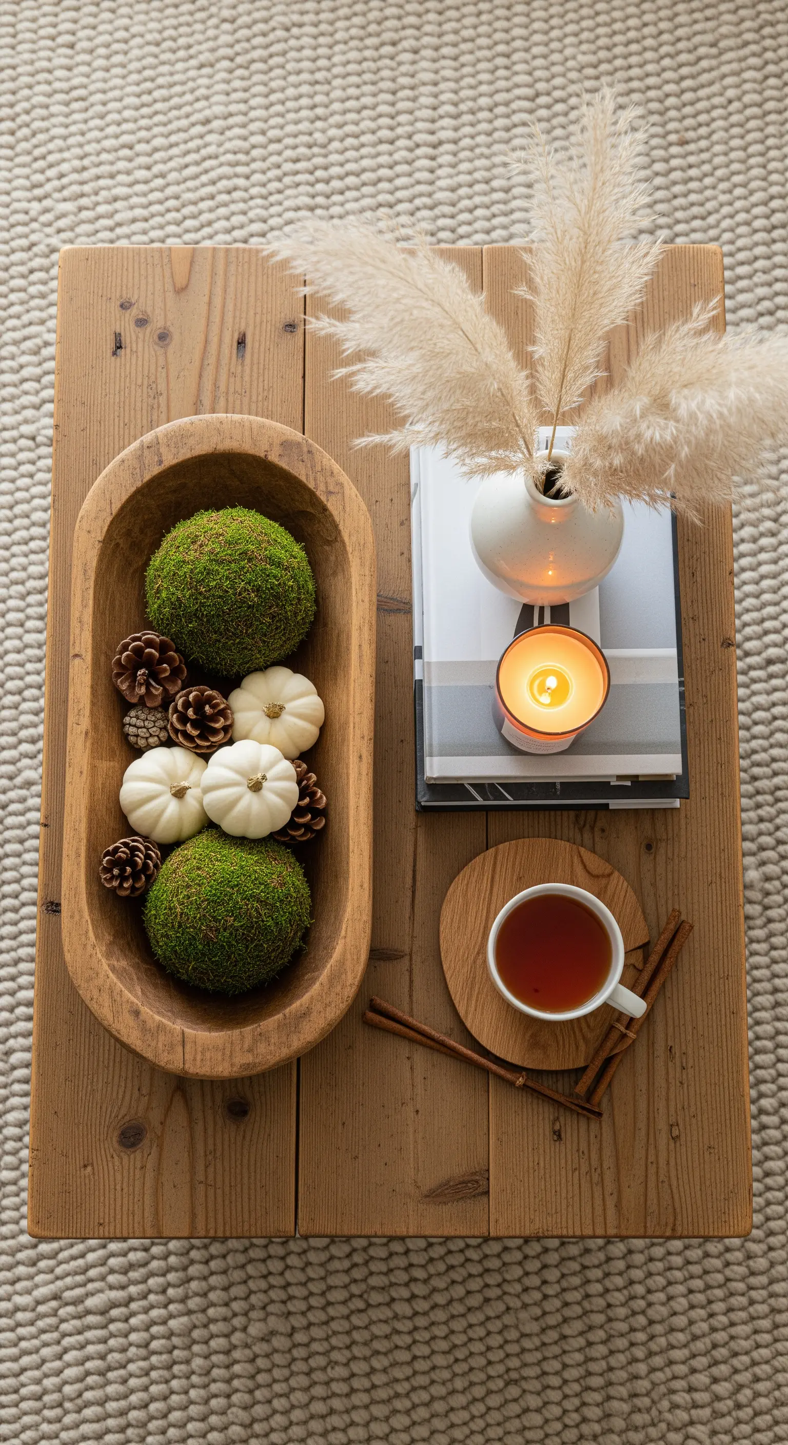 Holzschale mit Moos und Kürbissen