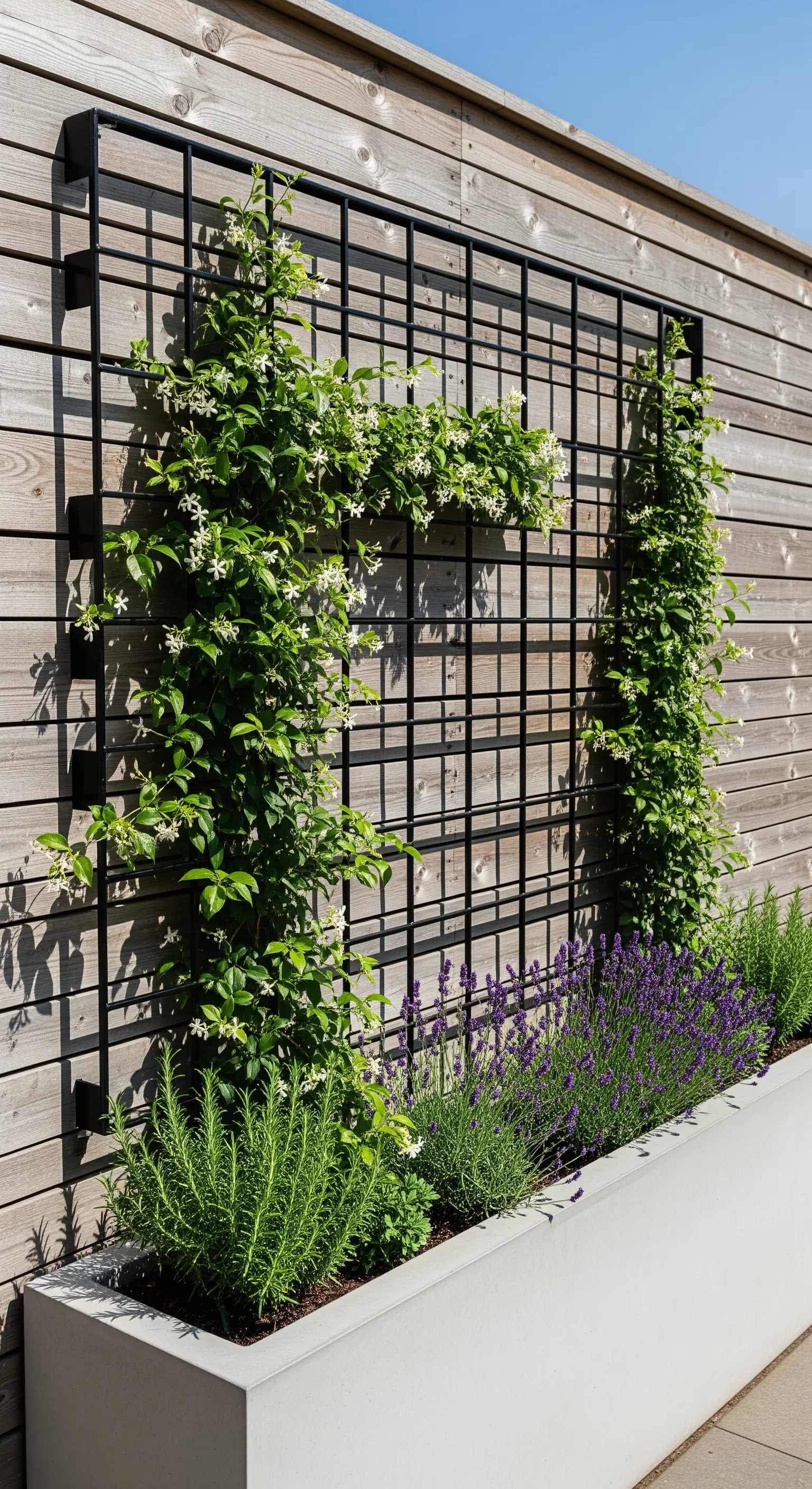 Schwarzes Metallrankgitter an Holzwand mit Jasmin