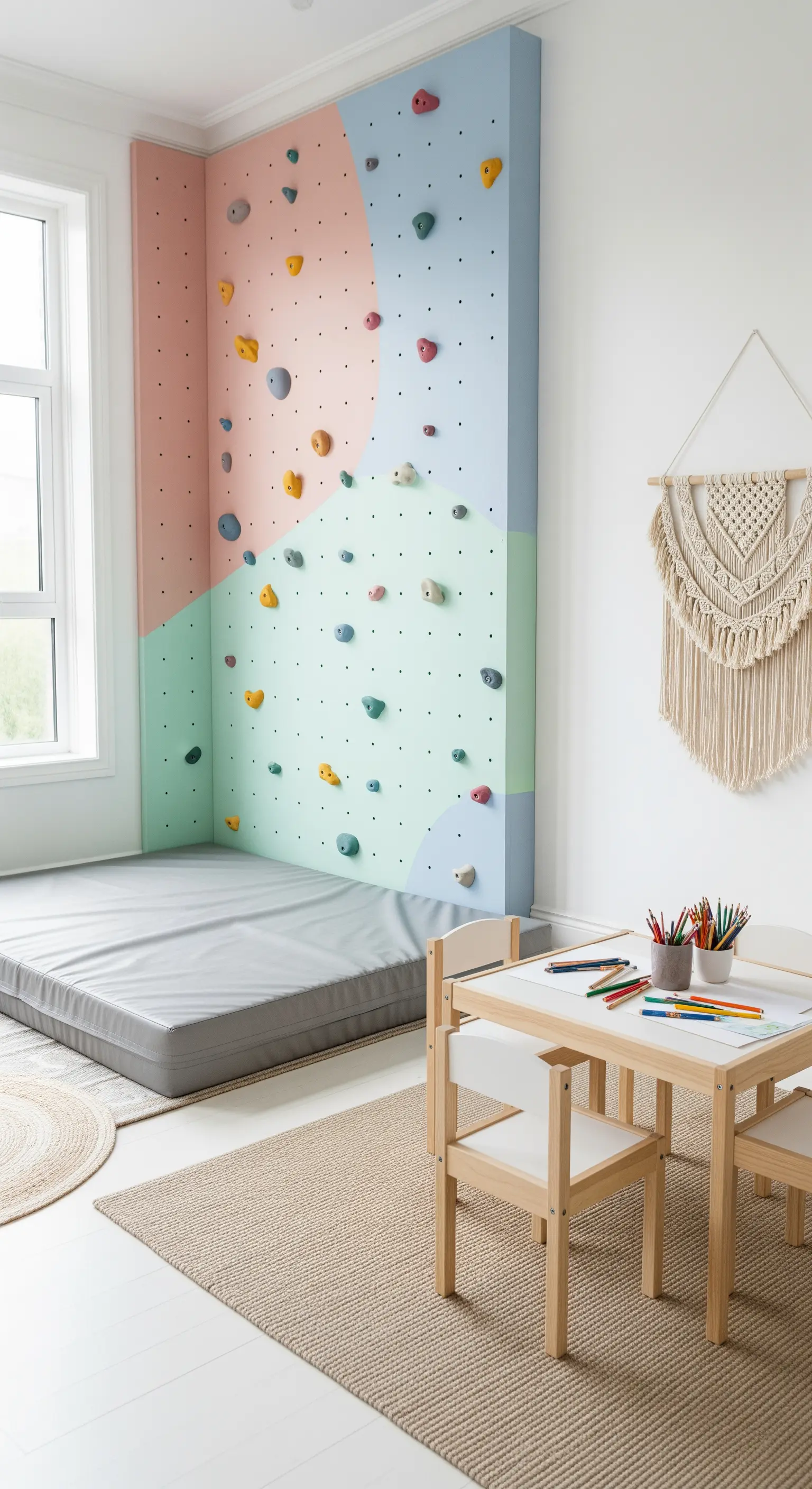 Pastellfarbene Kletterwand mit abstrakten Farbflächen