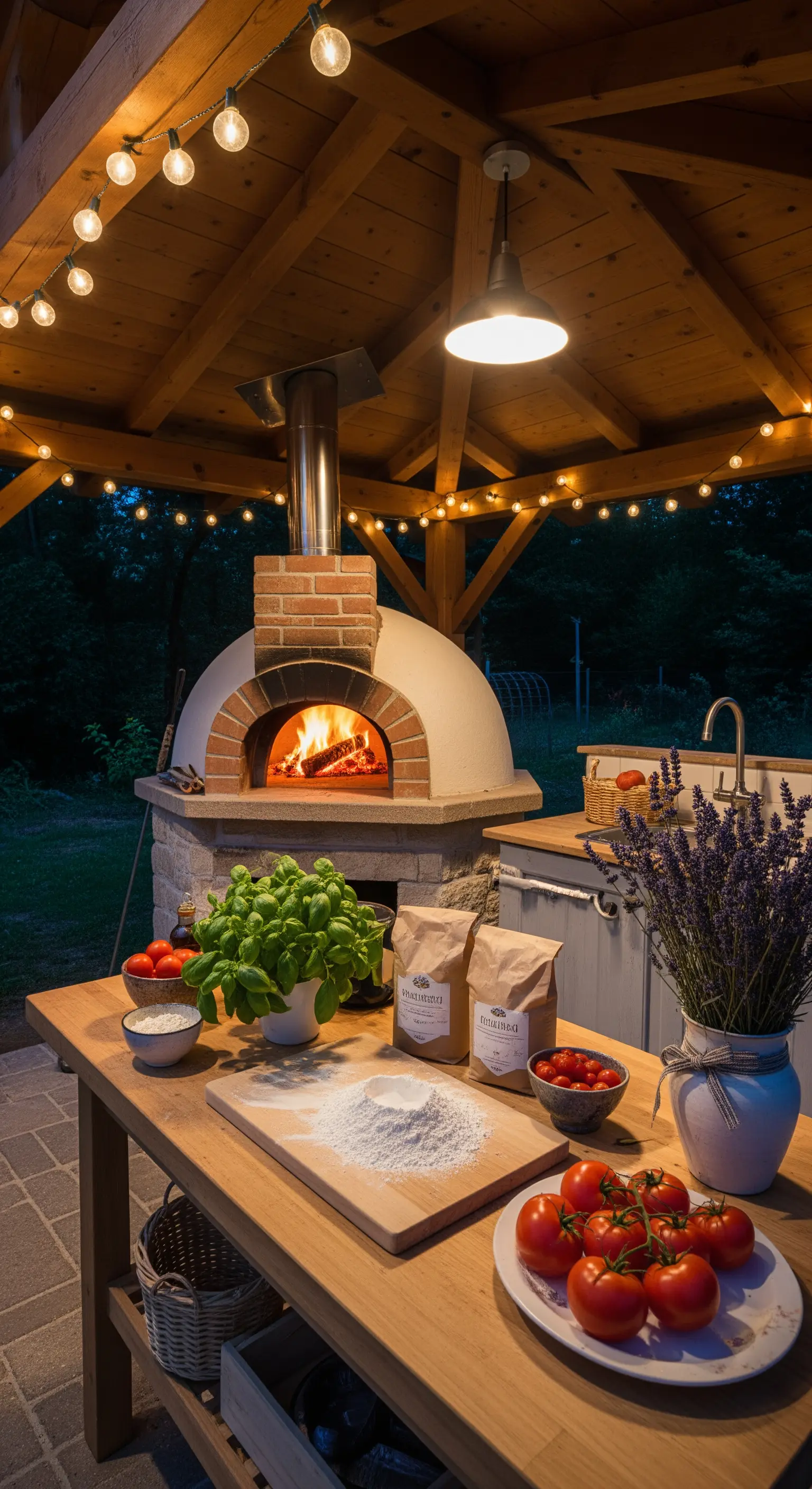 Outdoor-Küche mit Pizzaofen, frischen Zutaten, Lavendelstrauß und warmer Beleuchtung