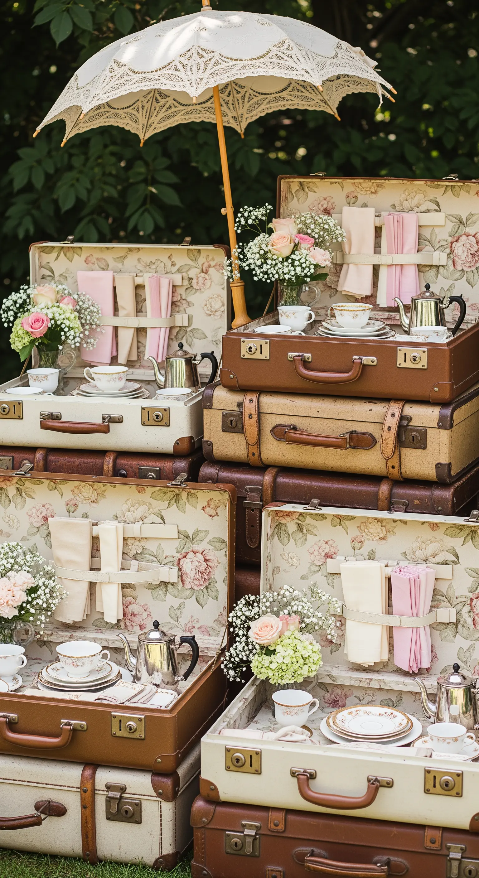 Gestapelte Vintage-Koffer mit Geschirr und ein Spitzen-Sonnenschirm