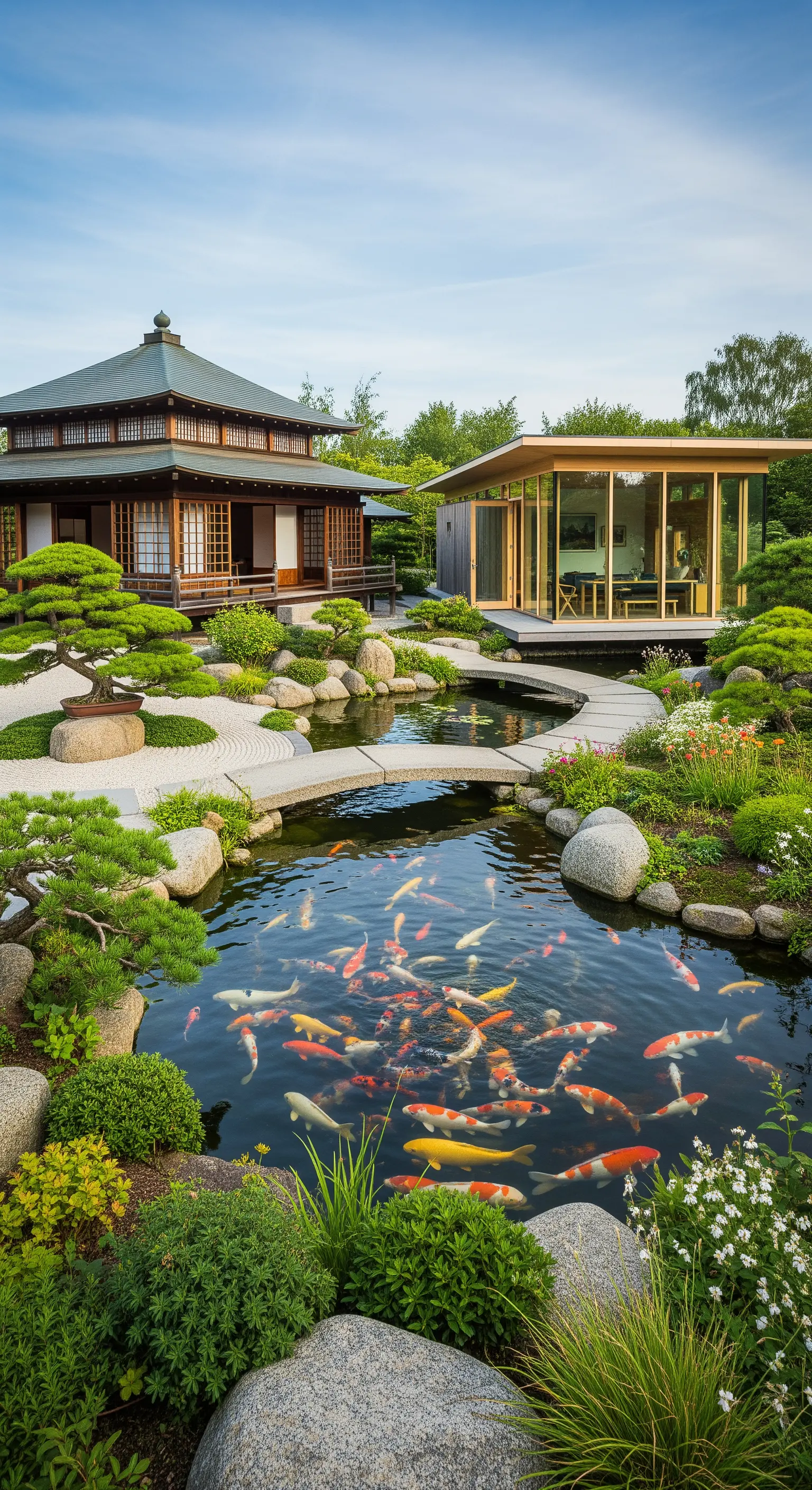 Japandi Koi Teich mit klarem Wasser