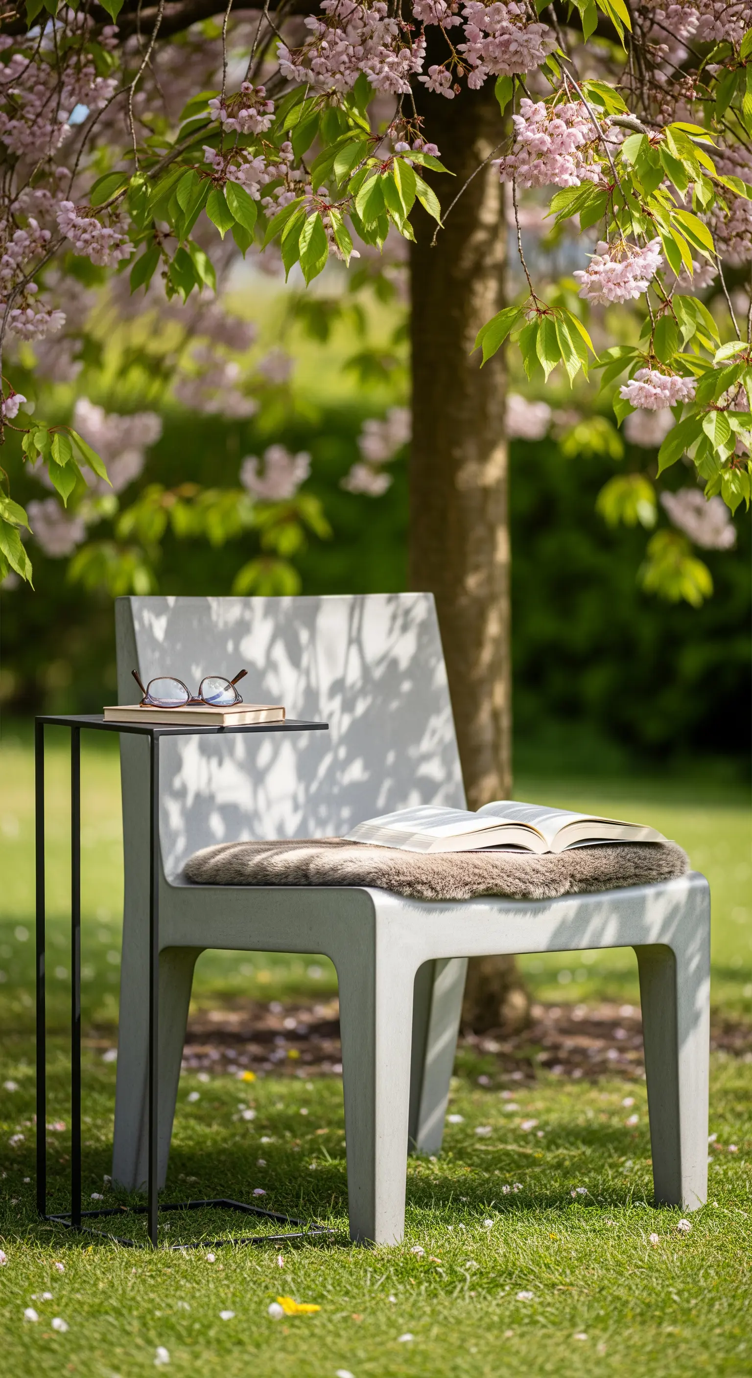 Moderner Stuhl unter Kirschblütenbaum