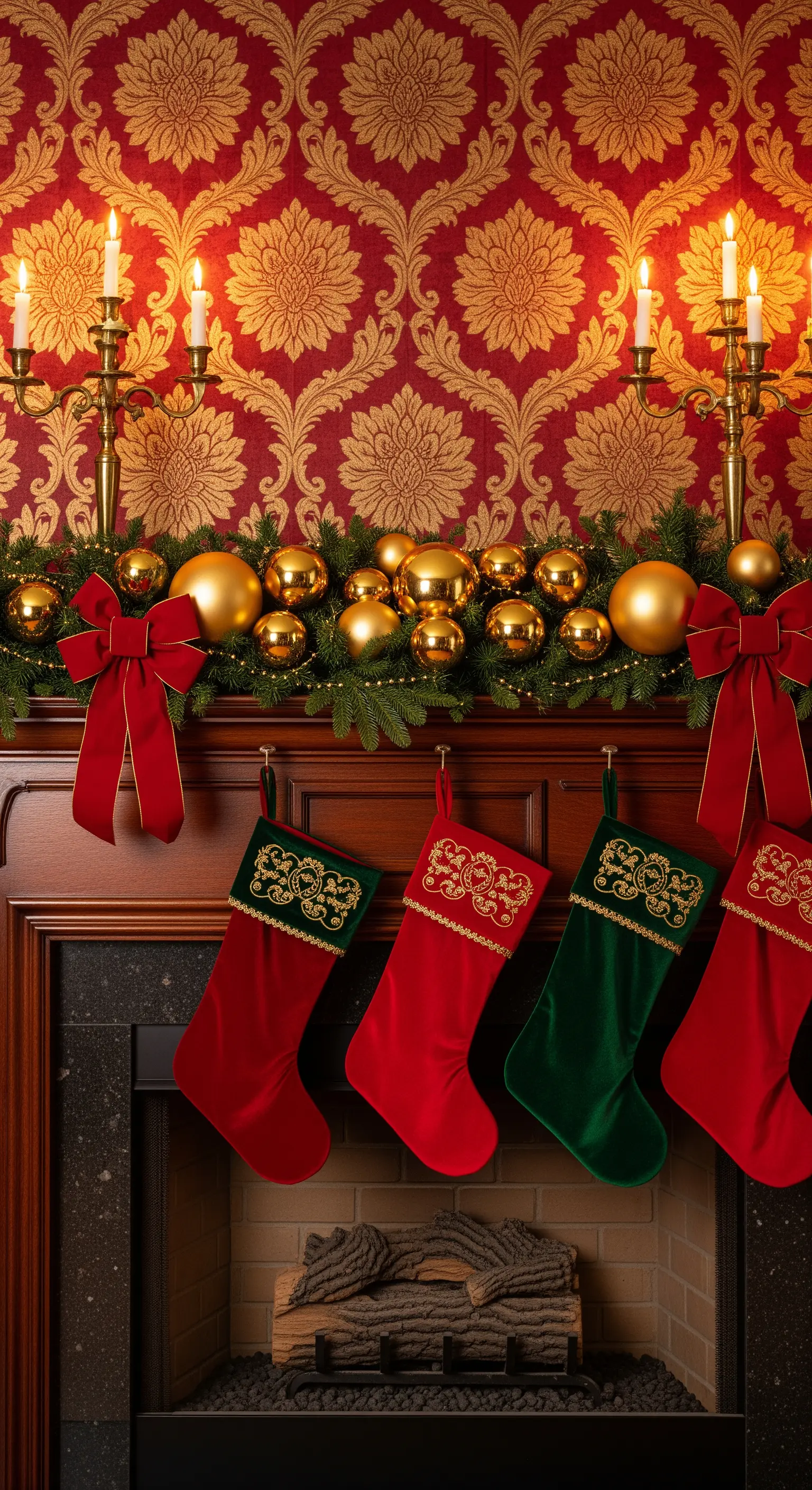 Kamin vor roter Damasttapete mit Samtstrümpfen, roten Schleifen und goldenen Kugeln.