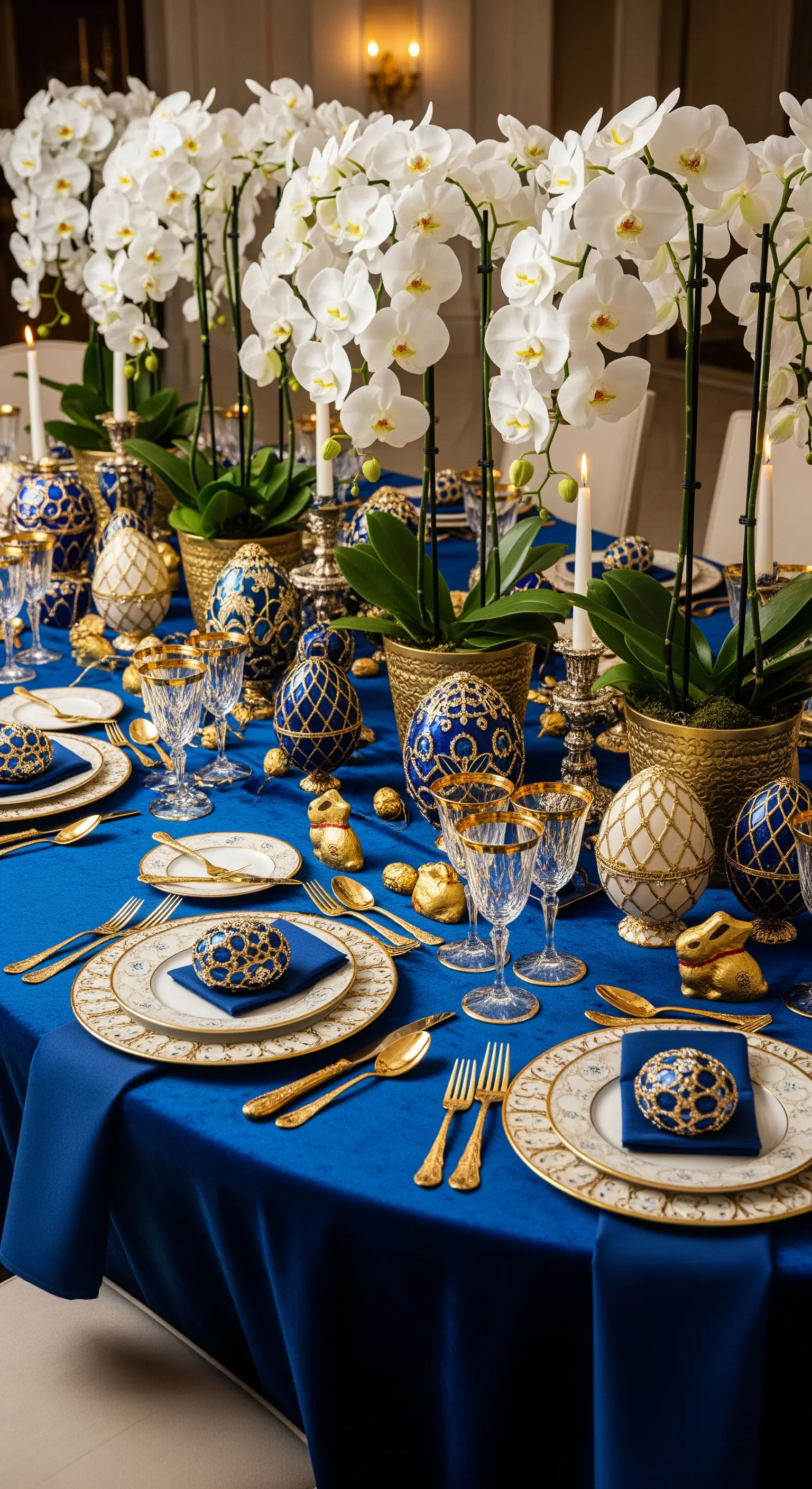 Luxuriöser Tisch mit blauer Samtdecke, goldenen Eiern im Fabergé-Stil und Orchideen