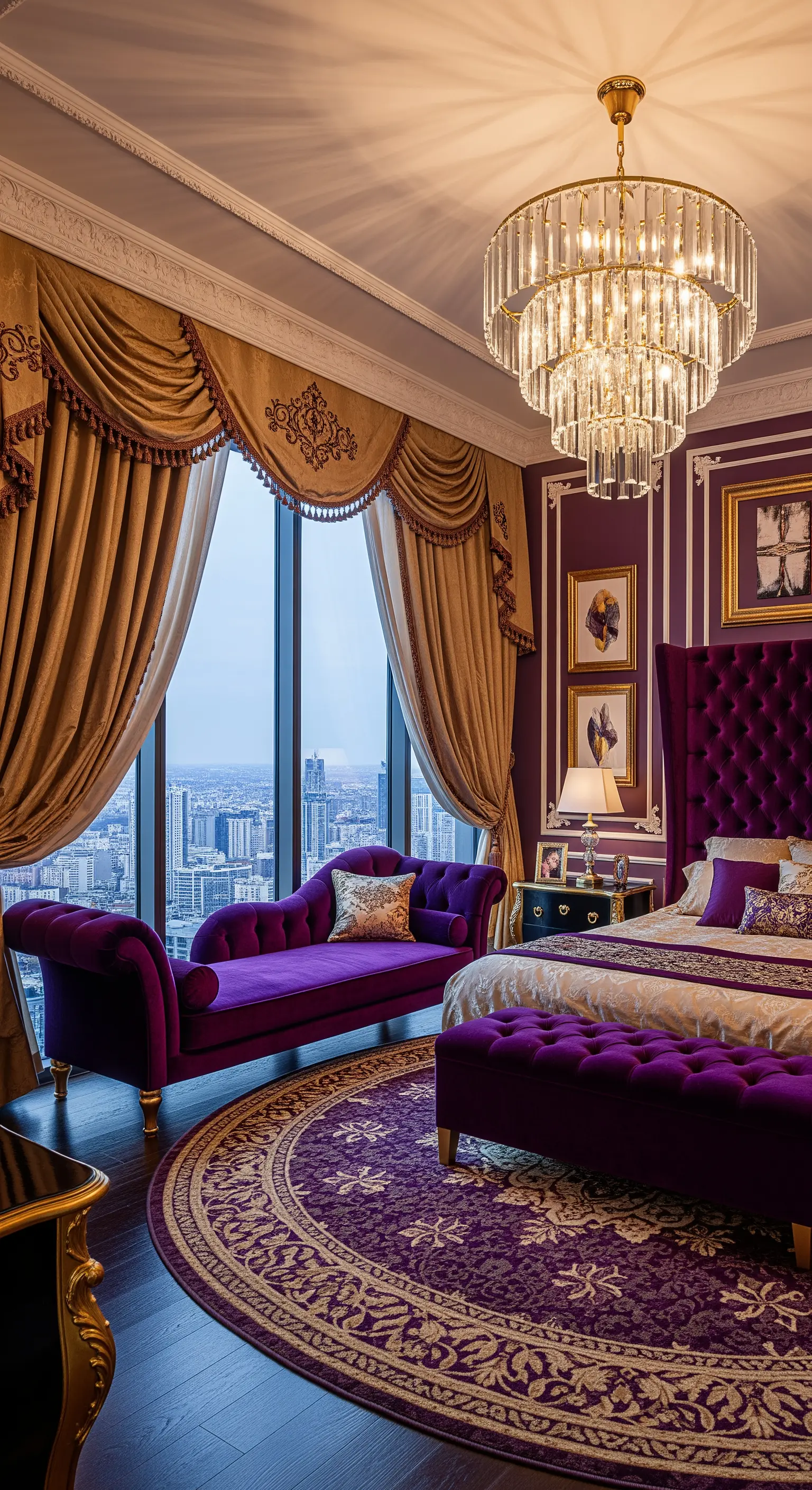 Opulentes Schlafzimmer in Lila und Gold mit schwerem Kronleuchter