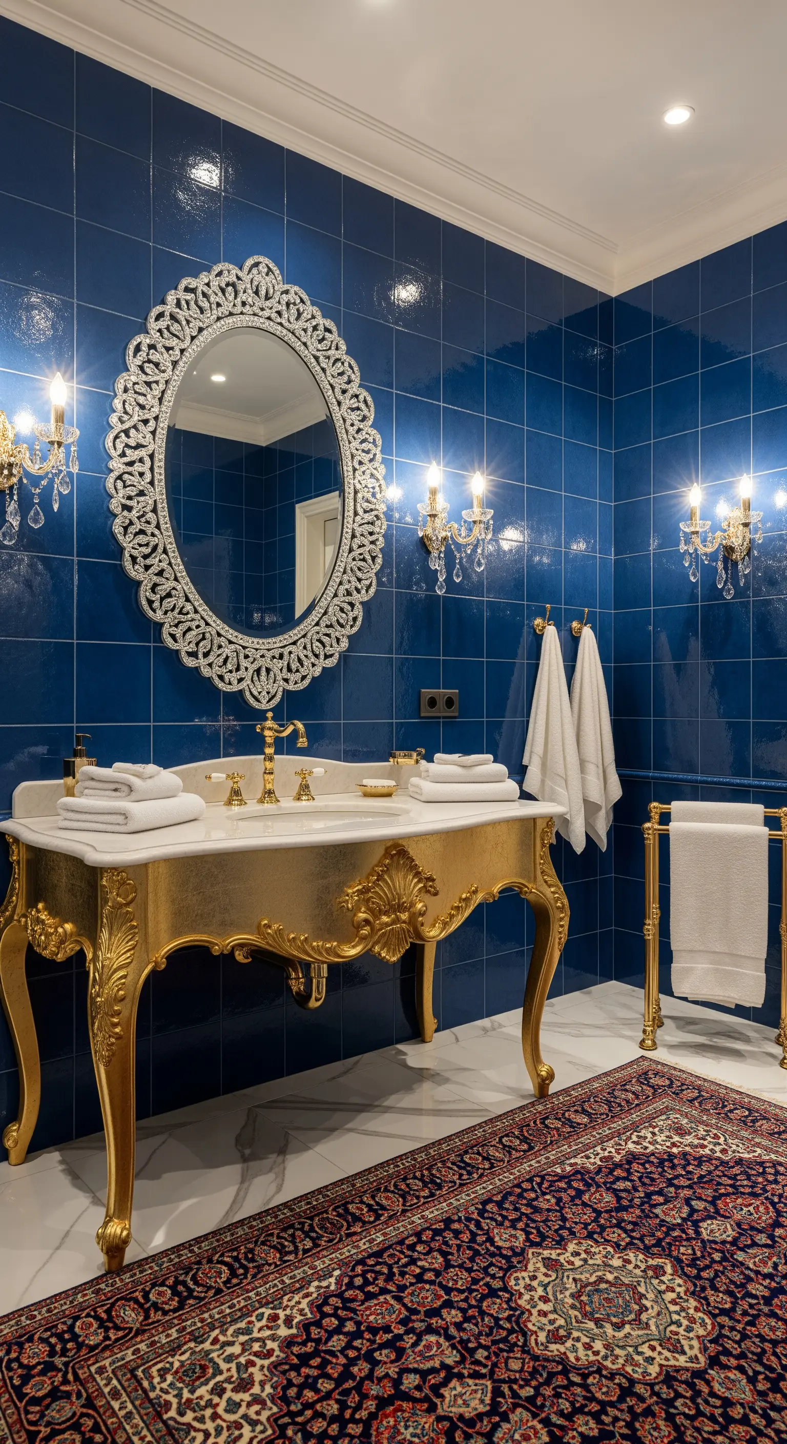 Dunkelblau gefliestes Bad mit ovalem Kristallspiegel und goldenem Waschtisch