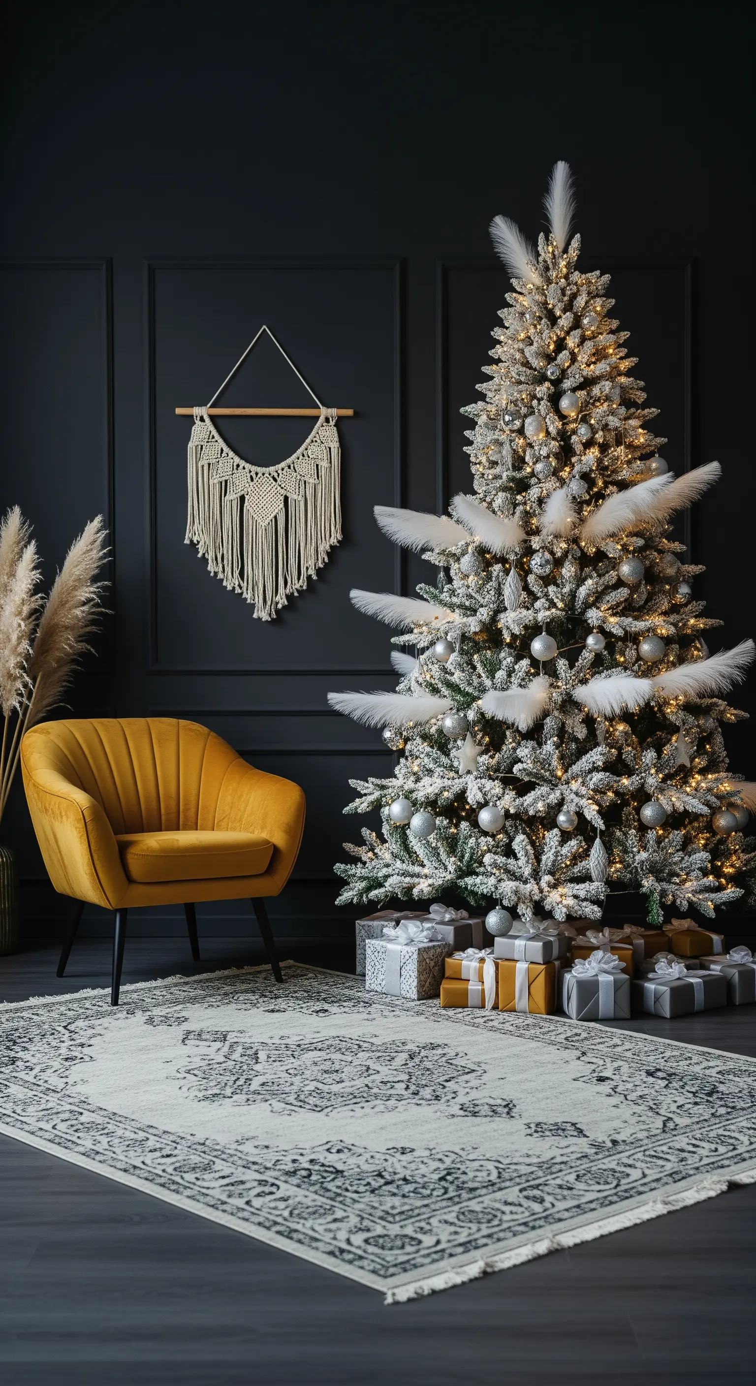 Weißer Weihnachtsbaum und Makramee vor einer dunkelblauen Wand