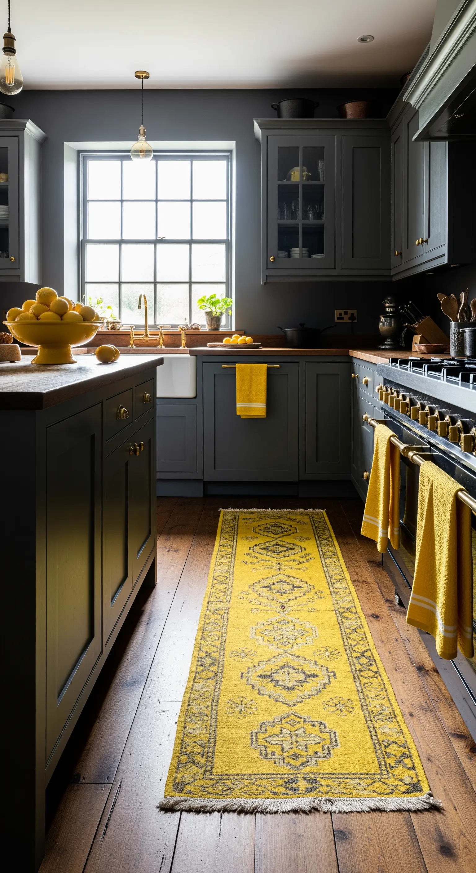 Dunkelgraue Küche mit leuchtend gelbem Teppichläufer