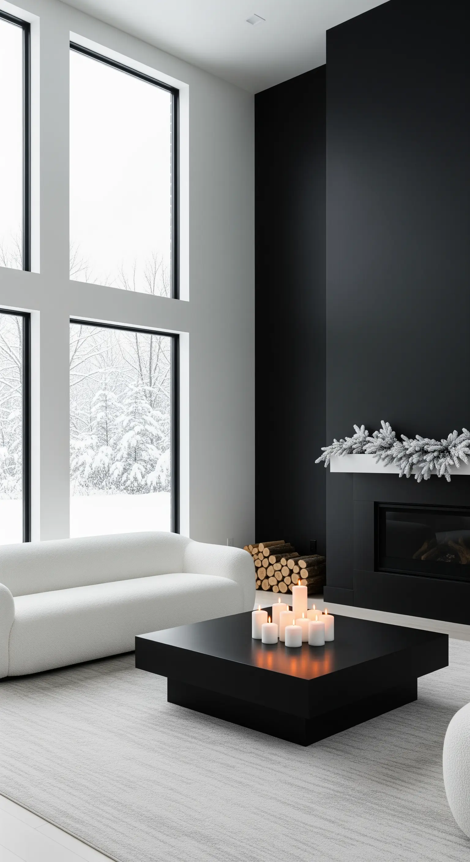 Weißes Sofa und schwarzer Couchtisch mit Kerzen vor großem Fenster im Winter