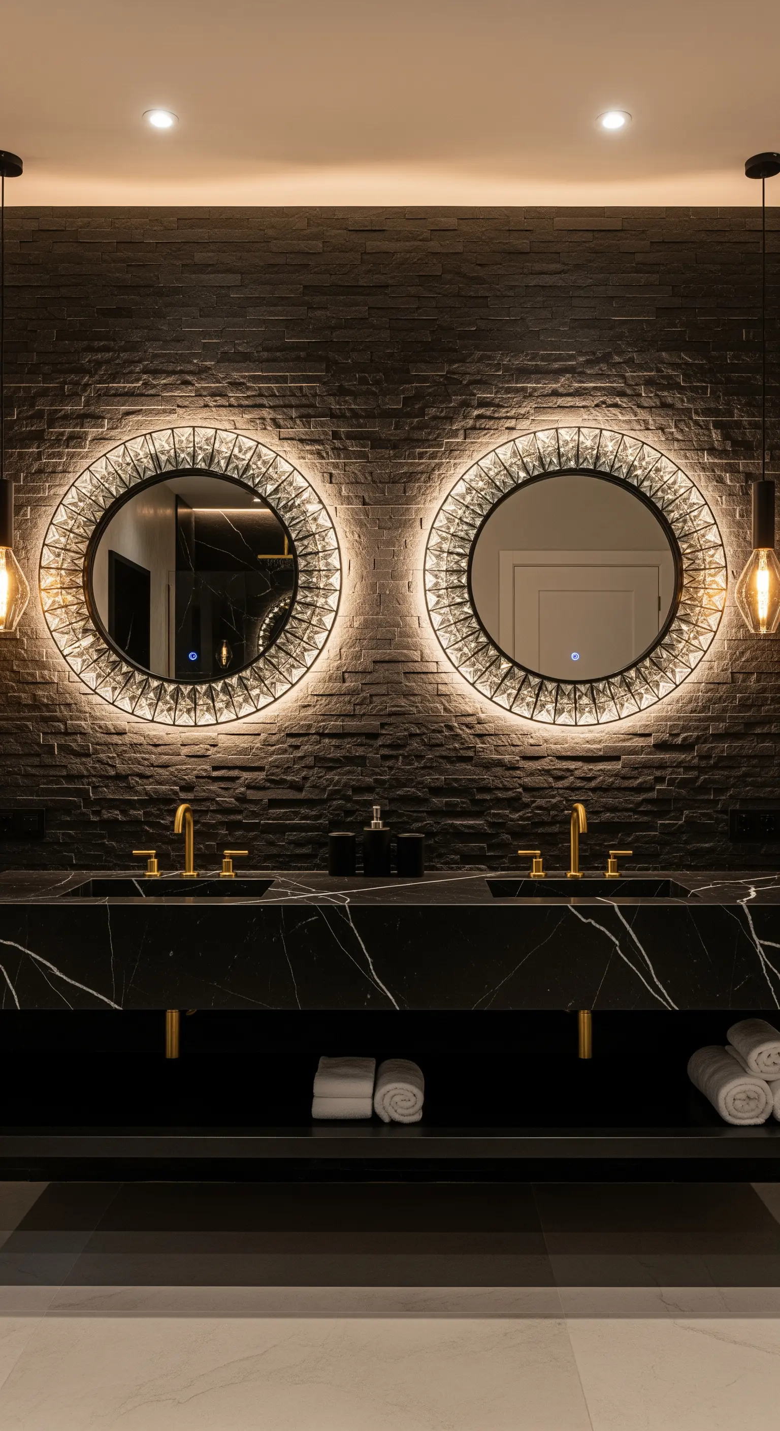Dunkle Steinwand im Bad mit zwei runden, hinterleuchteten Kristallspiegeln