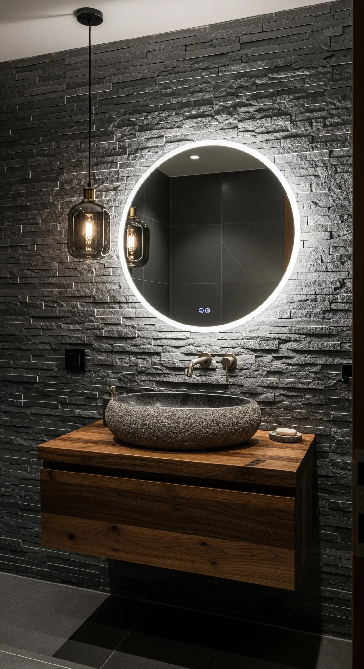 Rauer Schiefer und warmer Holzwaschtisch