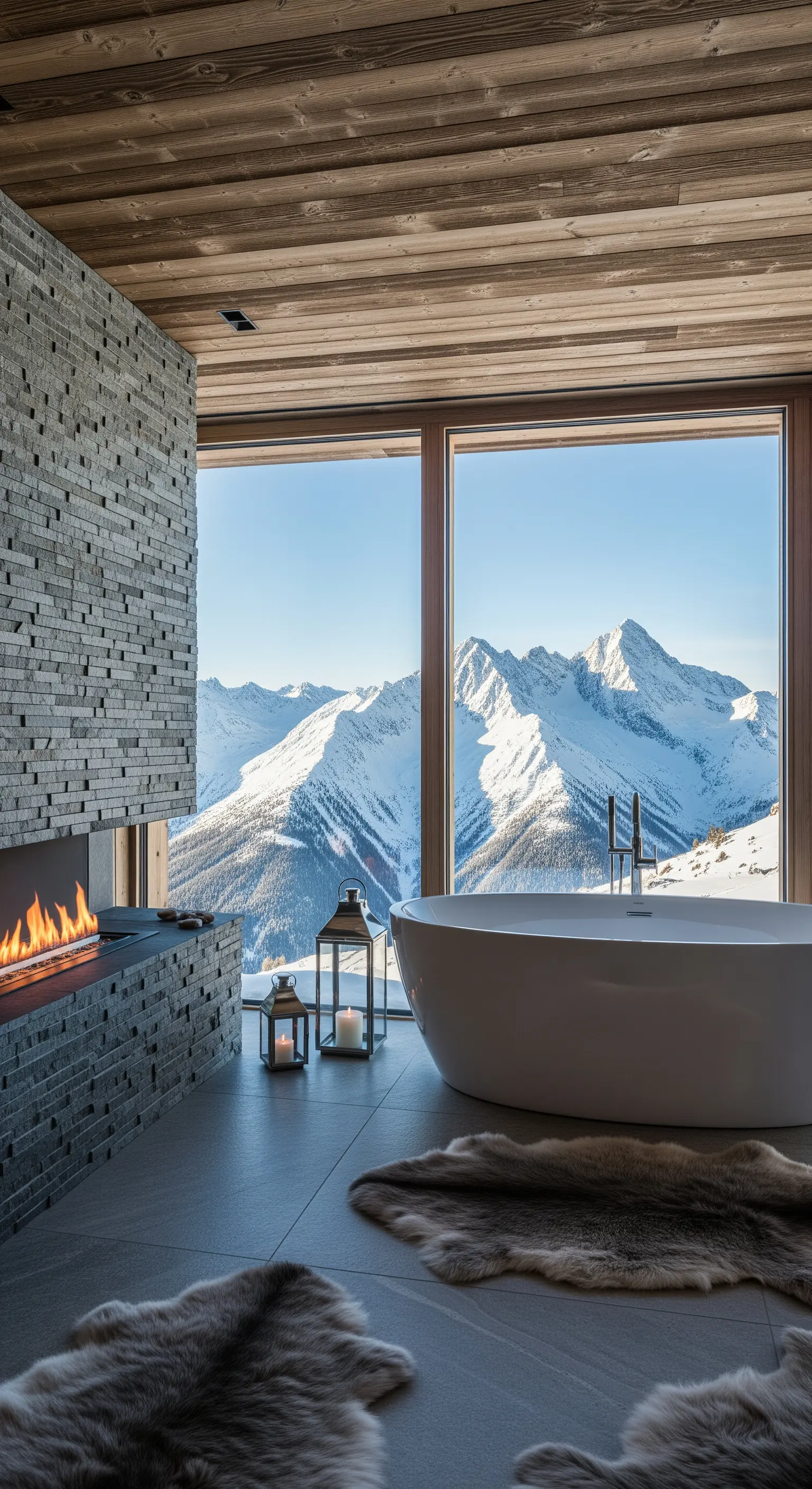 Modernes Bad mit Kamin und Panoramafenster auf Schneebrege