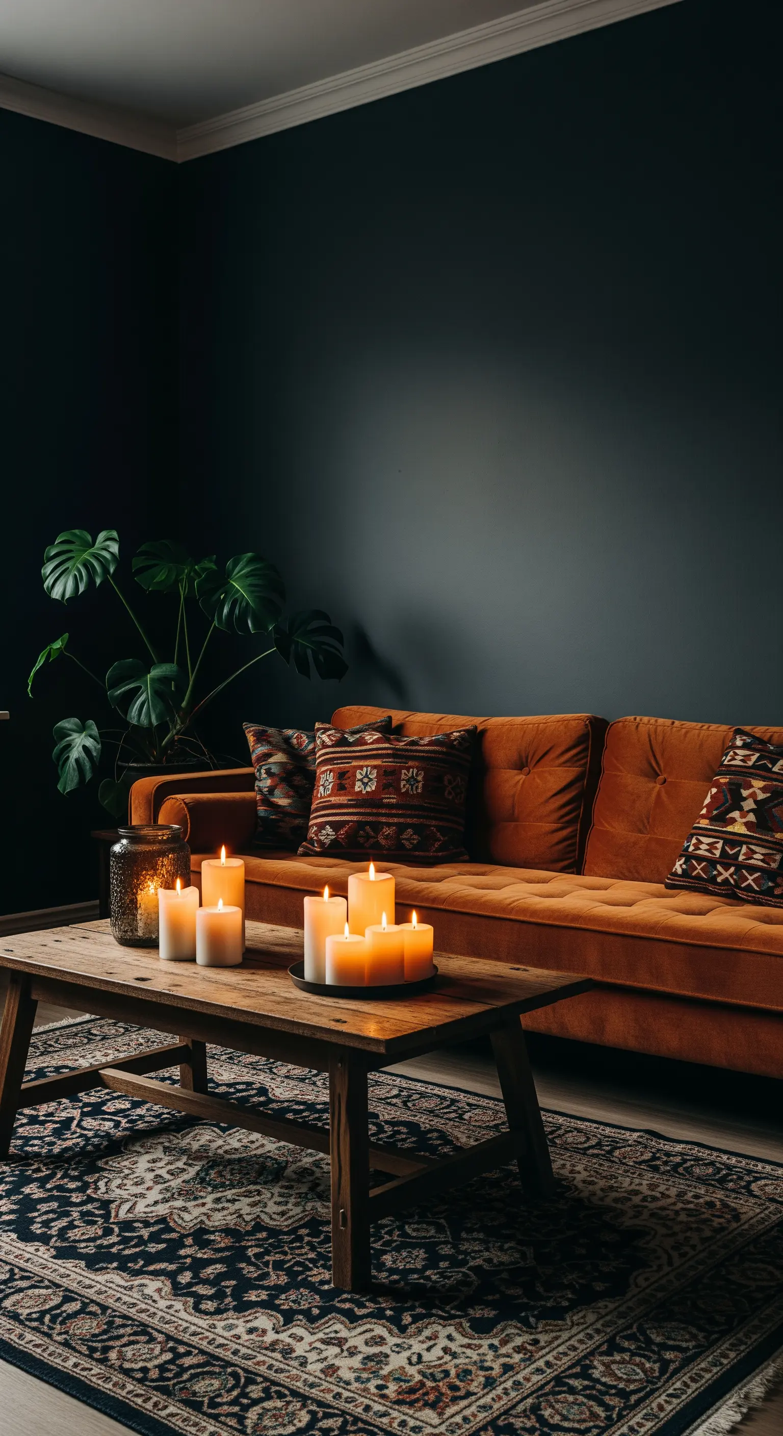 Dunkles Wohnzimmer mit orangefarbenem Samtsofa und vielen Kerzen