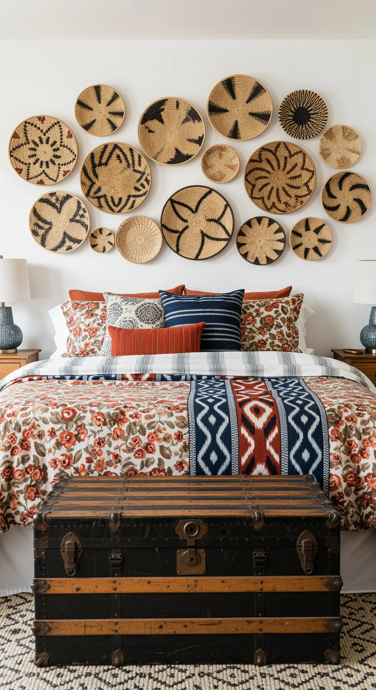 Schlafzimmer mit Wanddeko aus geflochtenen Körben