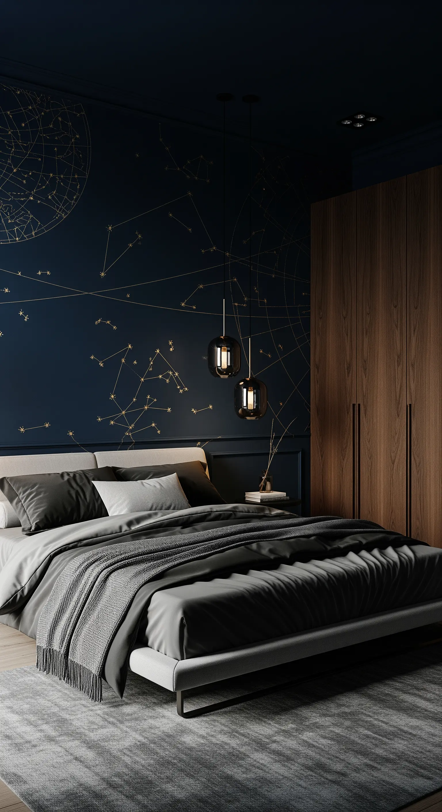 Dunkelblaue Wand mit goldenen Sternbildern und Holzschrank