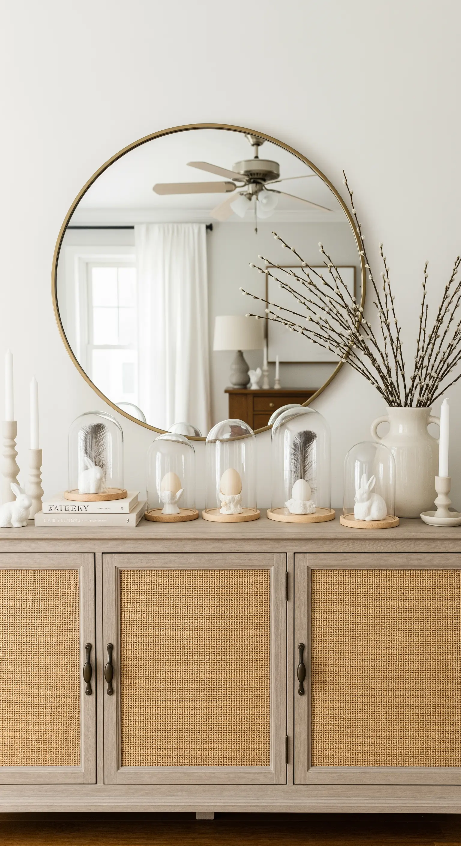 Sideboard mit Glasglocken und Weidenkätzchen