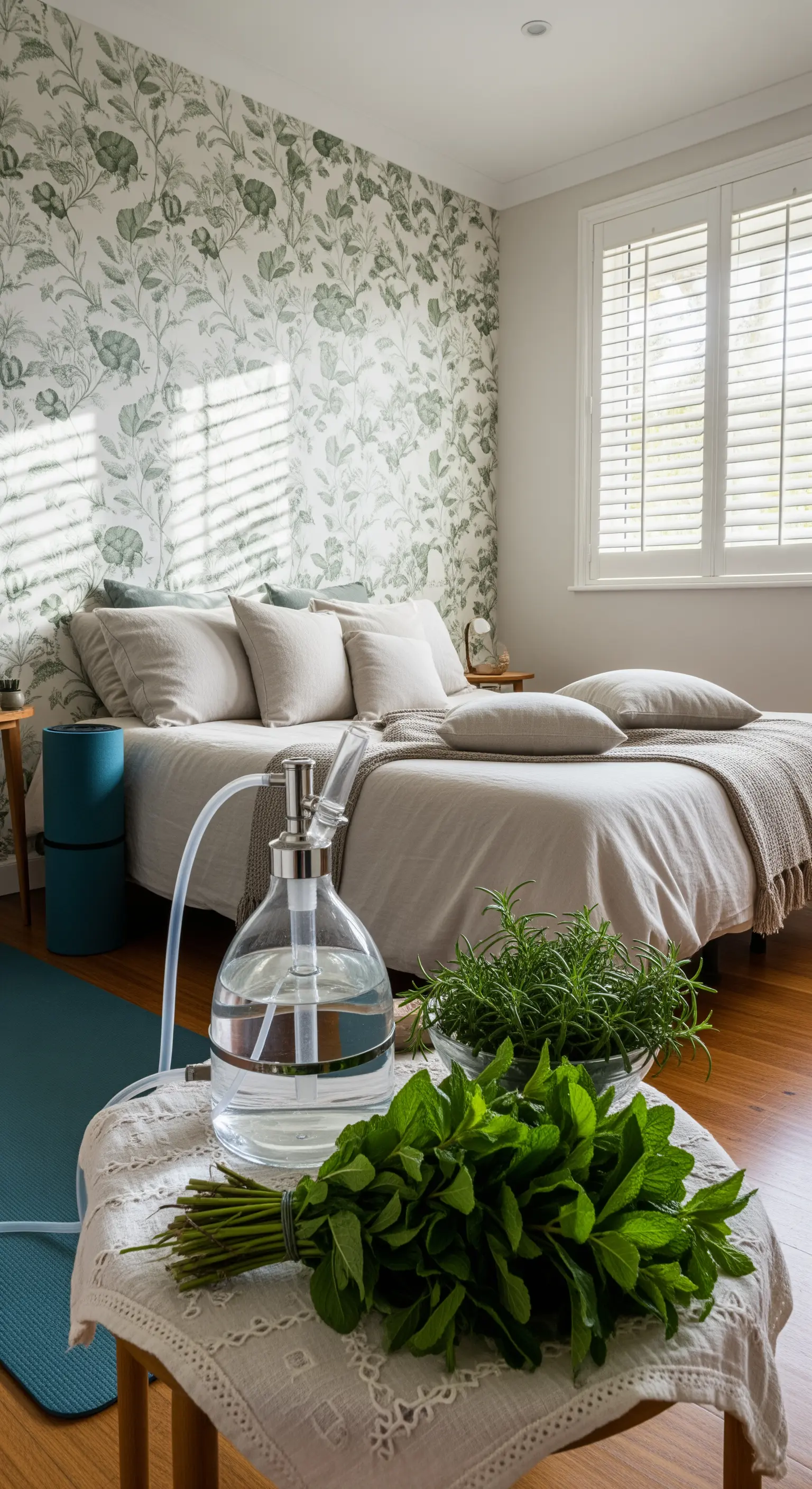 Schlafzimmer mit botanischer Tapete und frischen Kräuterbündeln