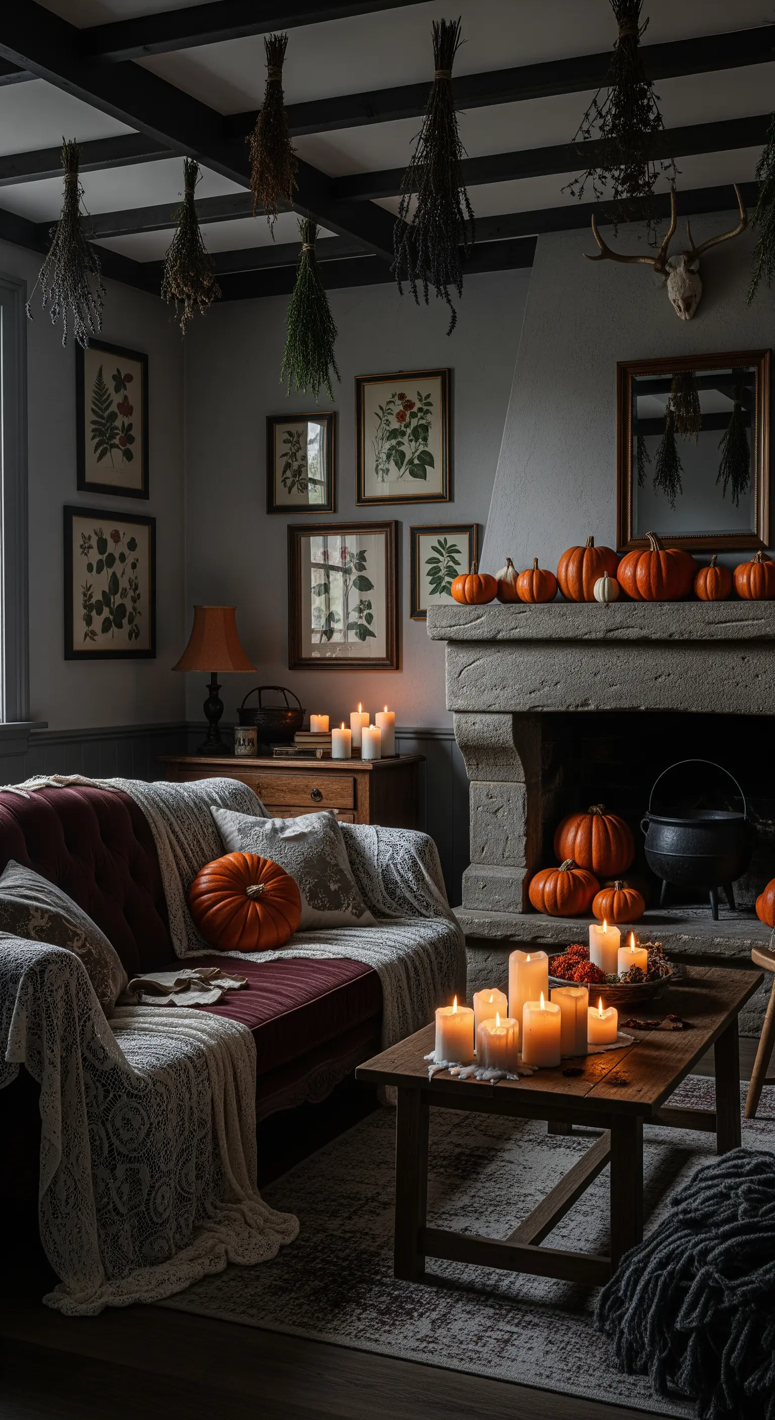 Getrocknete Kräuterbündel an Deckenbalken hängend