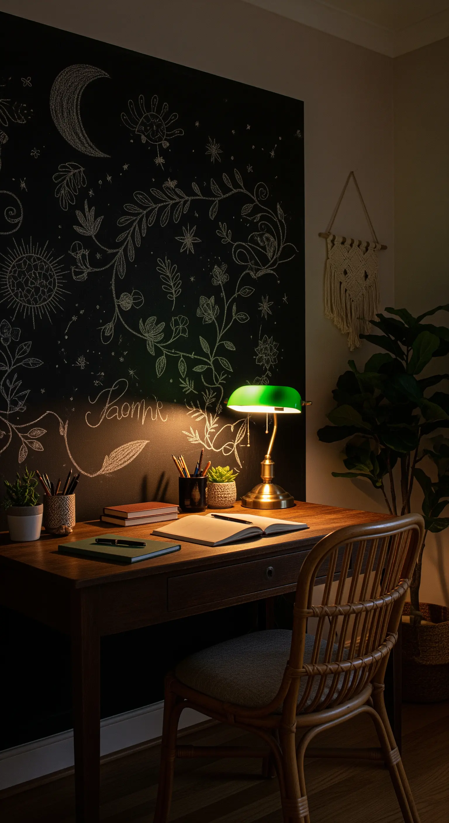 Schwarze Tafelwand mit Pflanzenzeichnungen hinter Schreibtisch