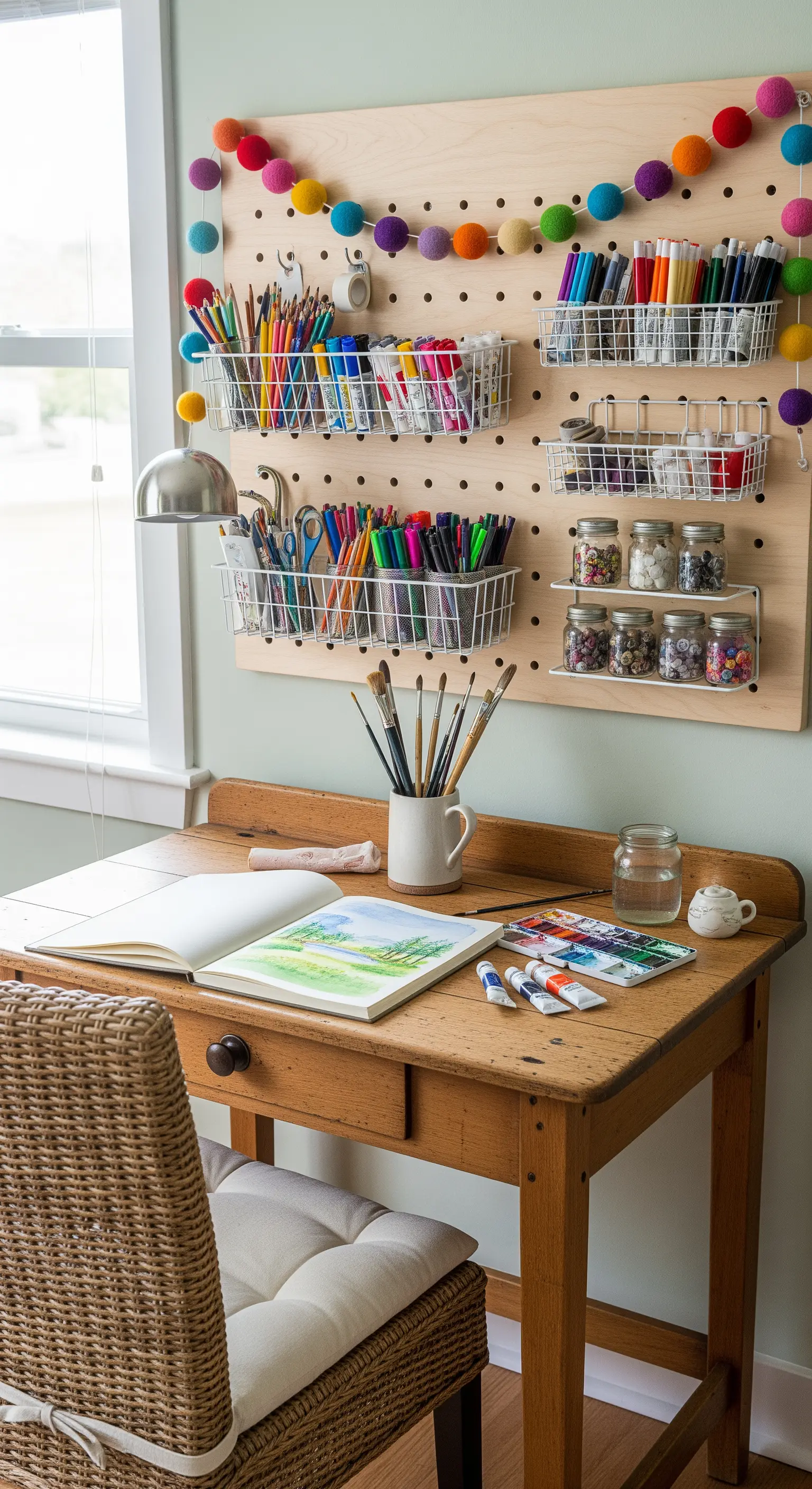 Großes Holz-Pegboard mit Bastelmaterialien und bunter Girlande