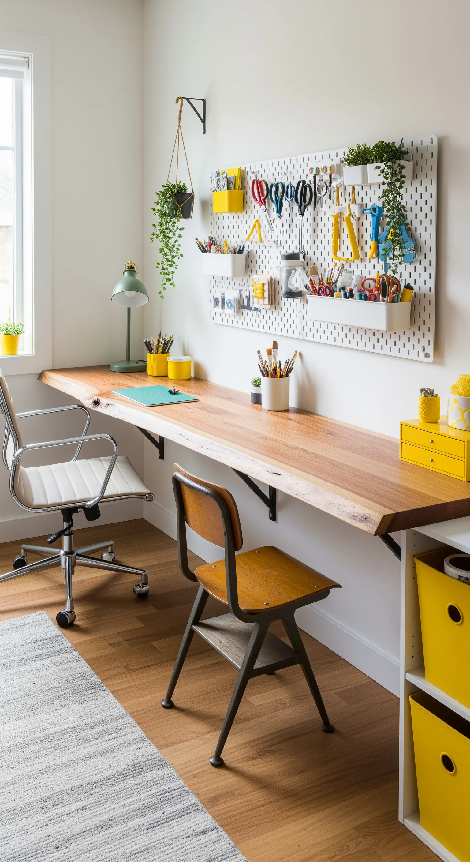 Schreibtisch mit Lochwand-Organizer und Hängepflanze