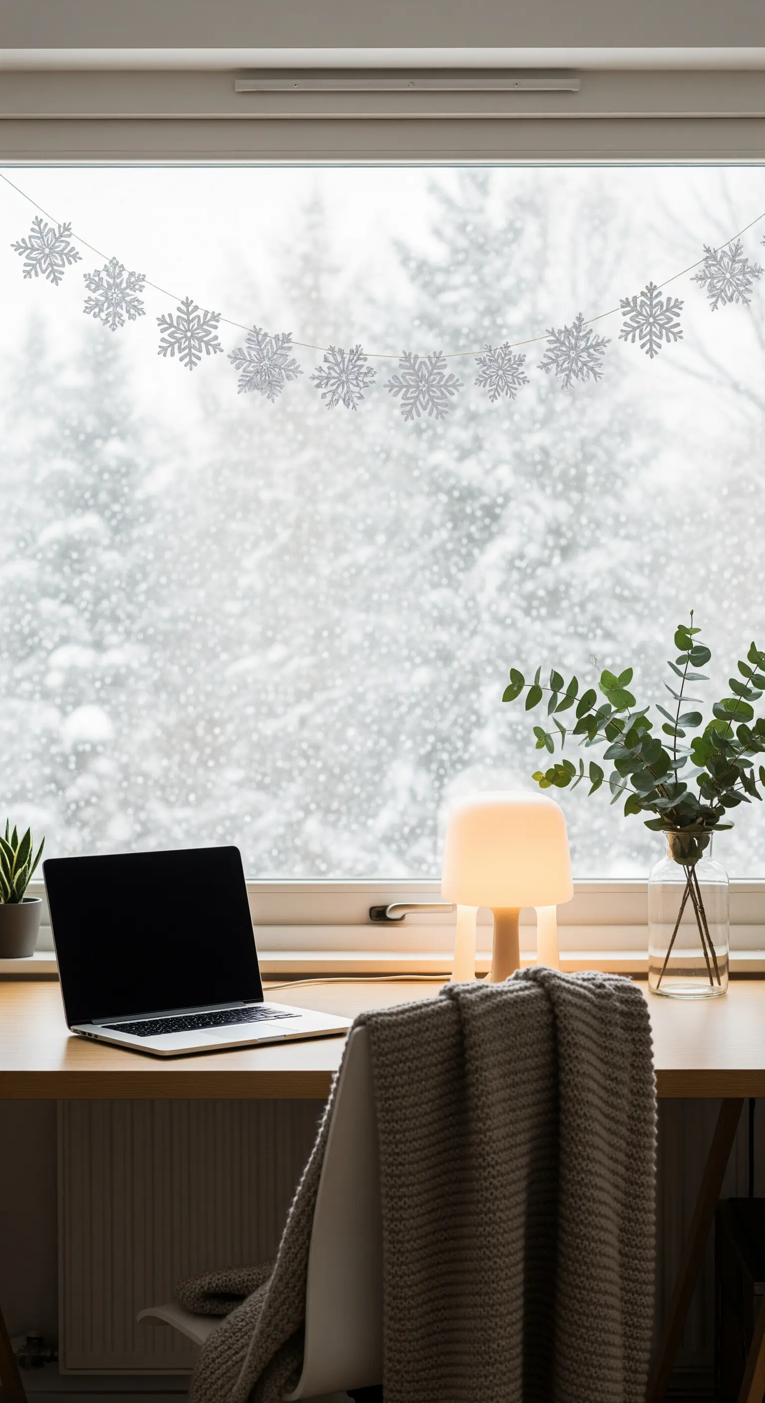 Schreibtisch vor einem Fenster, dekoriert mit einer horizontalen Schneeflocken-Girlande.