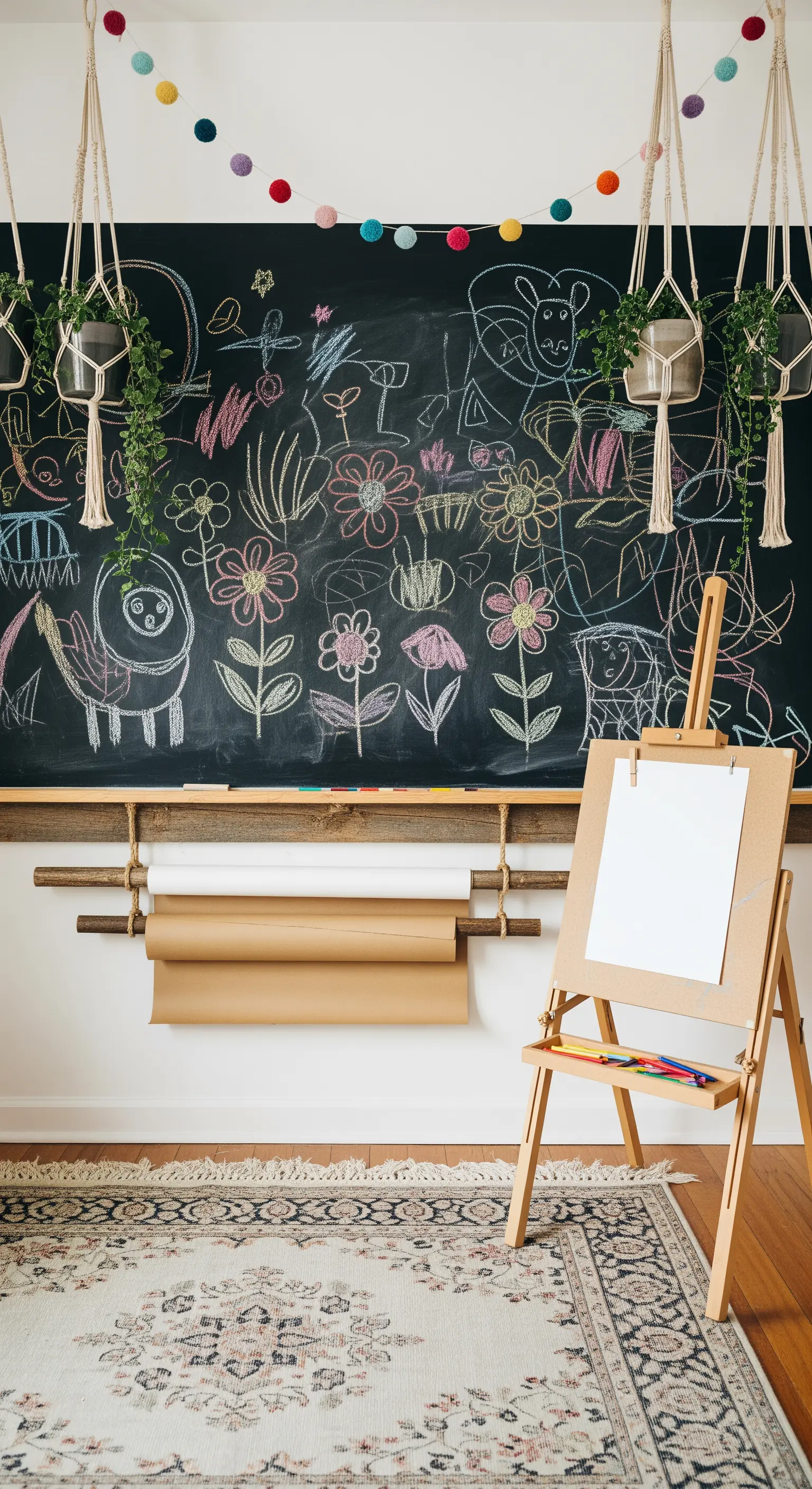 Große Tafelwand mit Kinderzeichnungen und Hängepflanzen