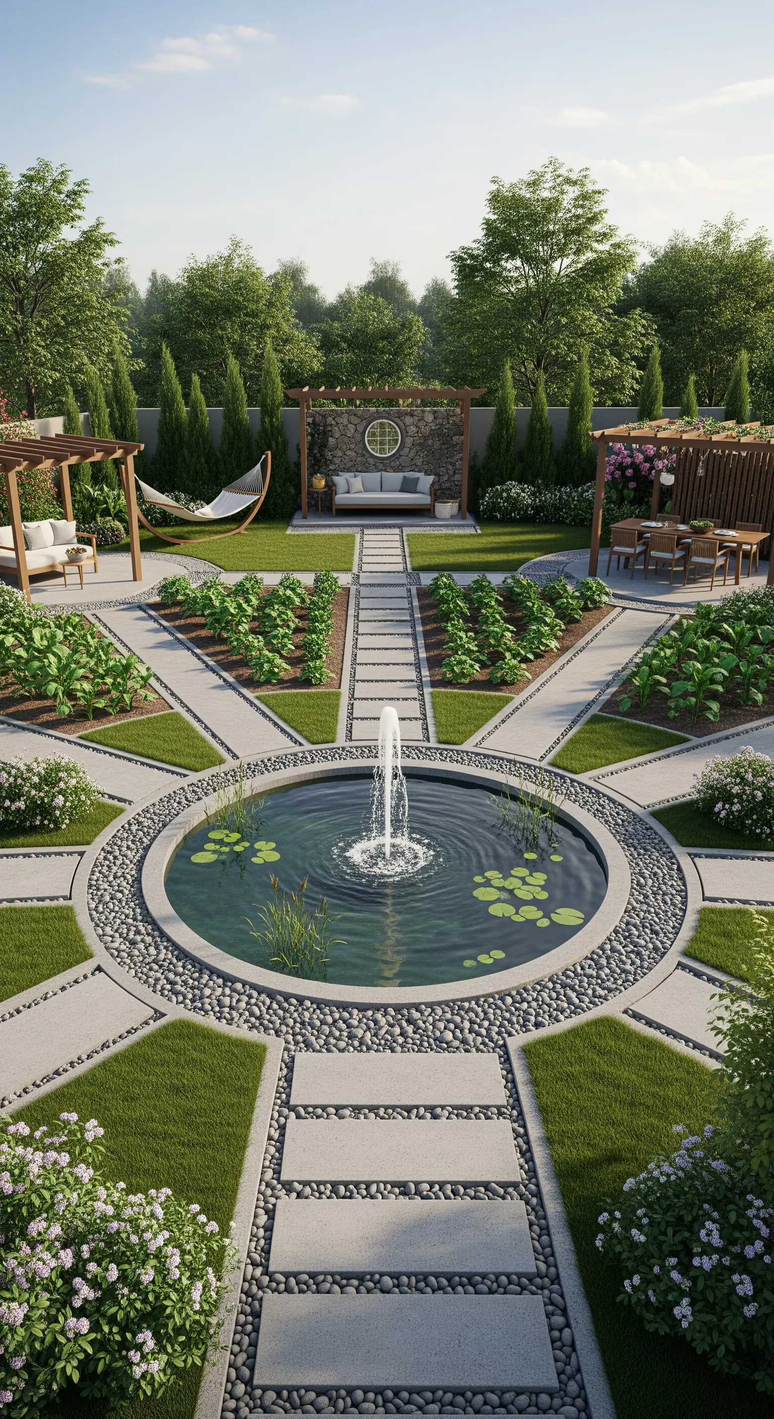 Symmetrischer Japandi Garten mit Brunnen