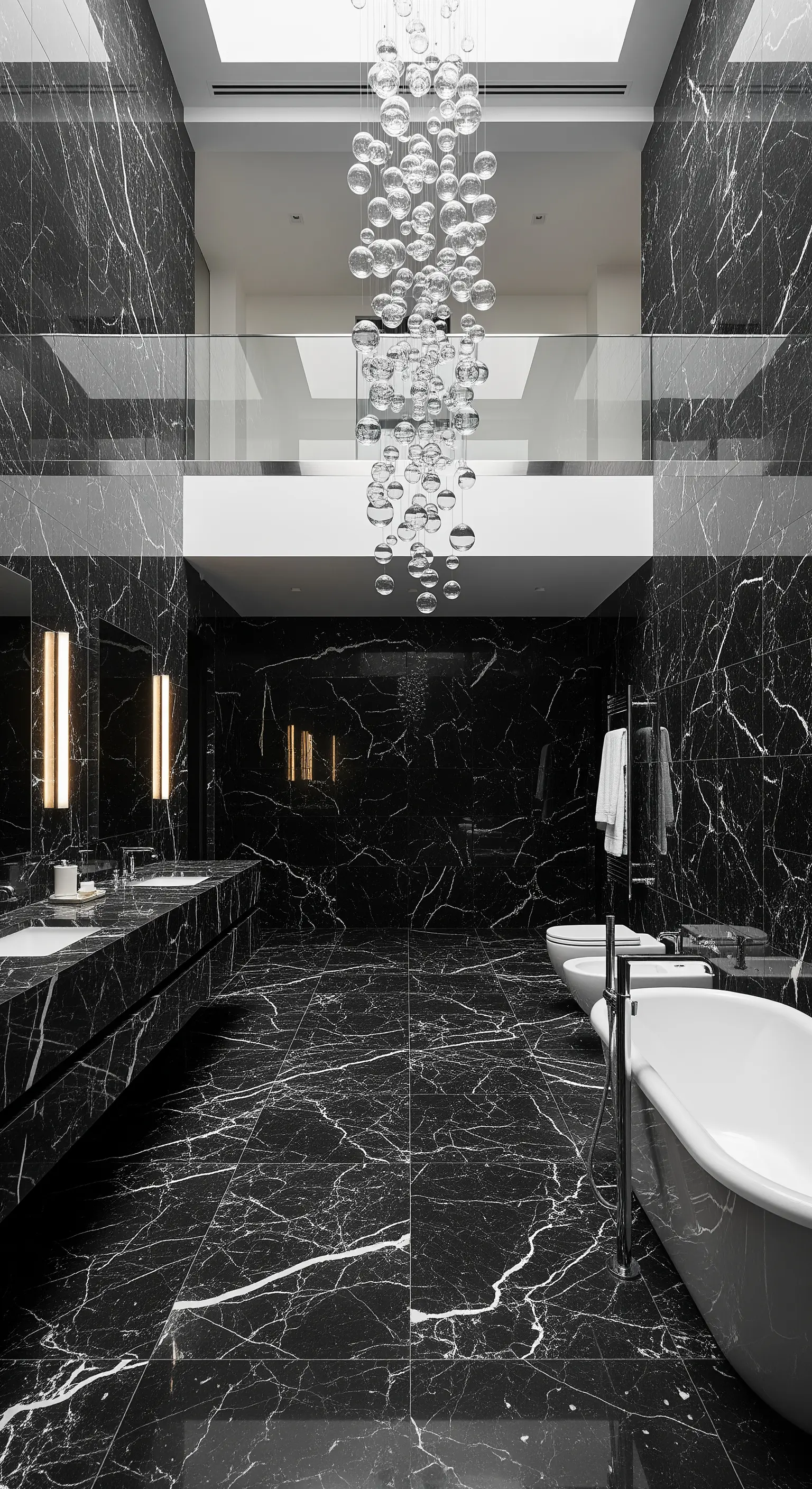 Schwarzes Marmorbad mit spektakulärer Glaskugel-Leuchte