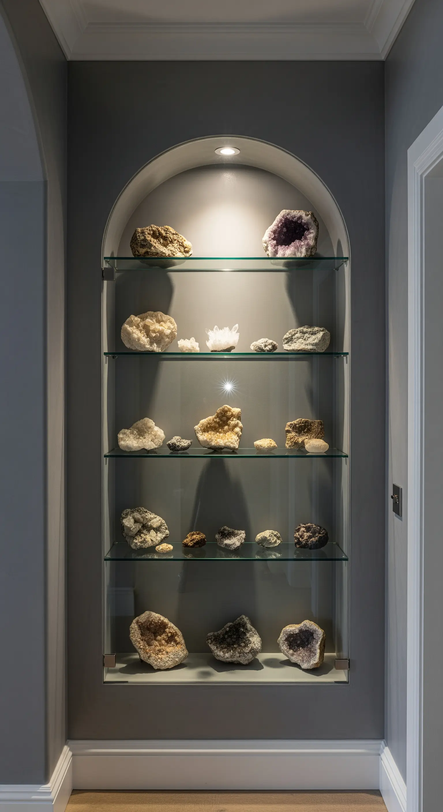 Bogenförmige Wandnische mit Glasböden und beleuchteter Kristallsammlung