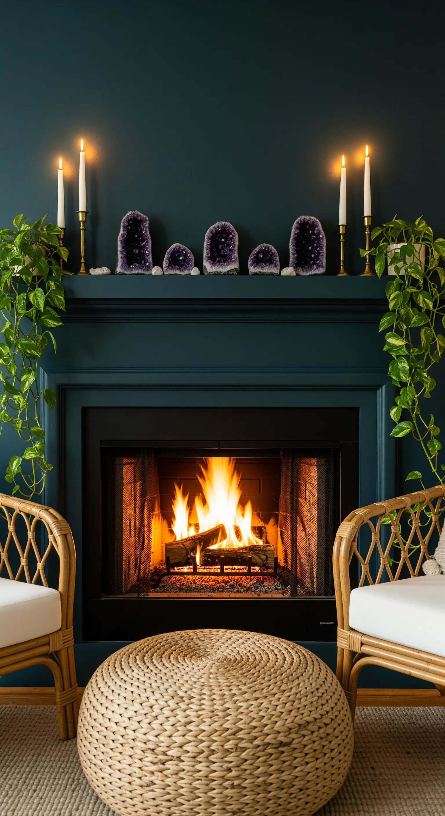 Dunkler Kamin dekoriert mit großen Amethysten und Kerzen