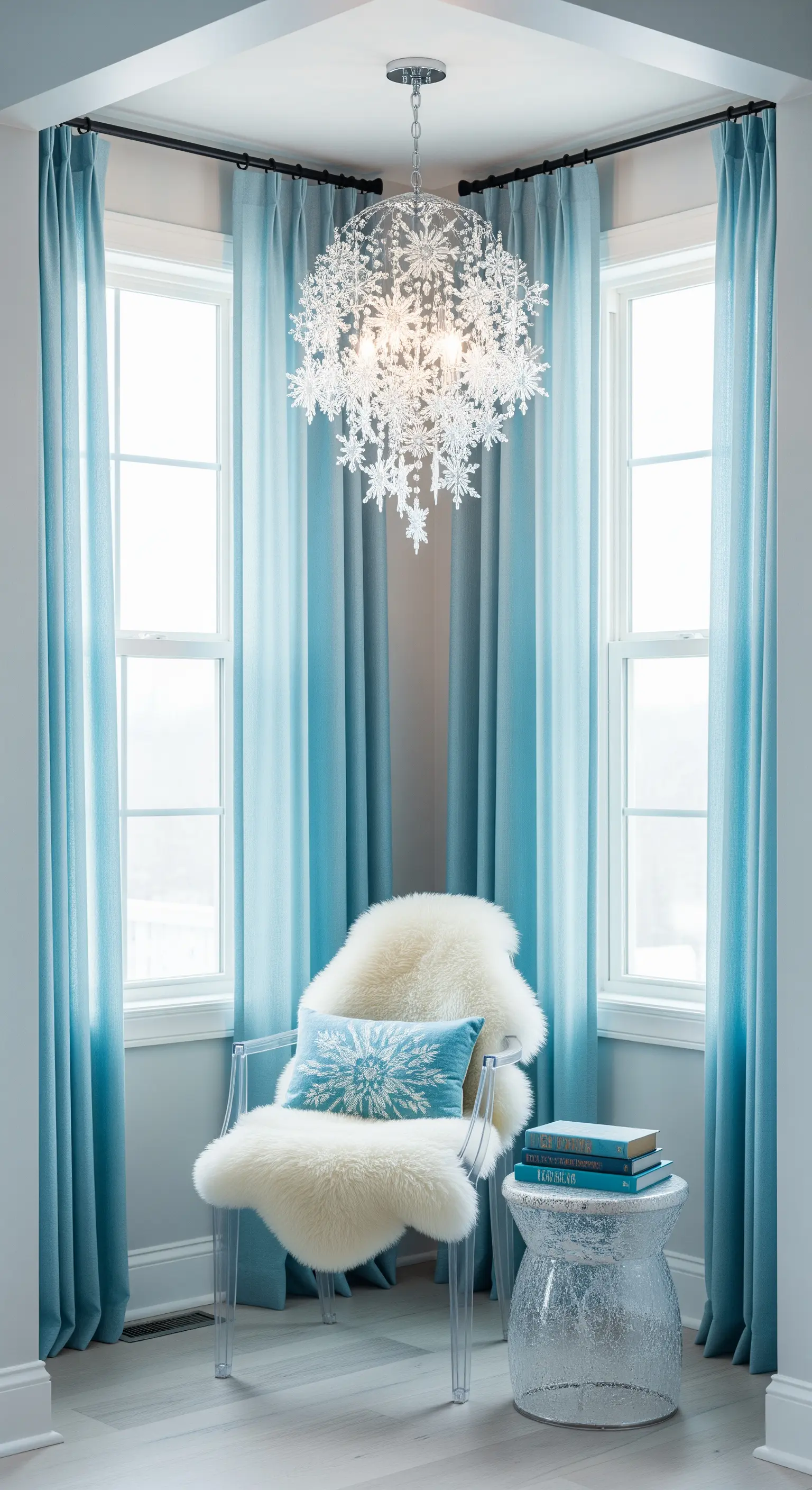 Kristall-Schneeflocken-Kronleuchter in blauer Fensterecke