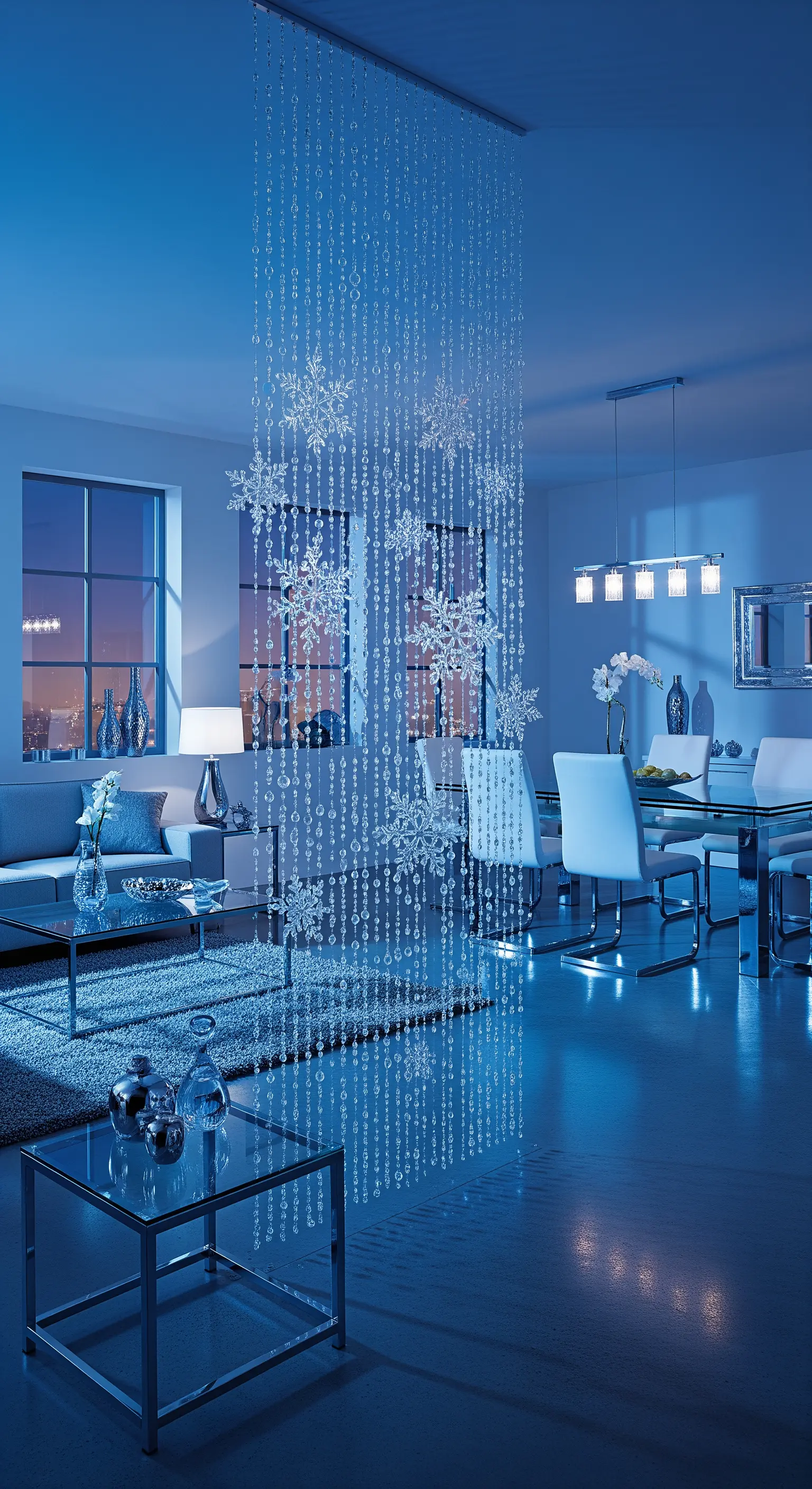 Raumtrenner aus hängenden Kristallketten und Schneeflocken