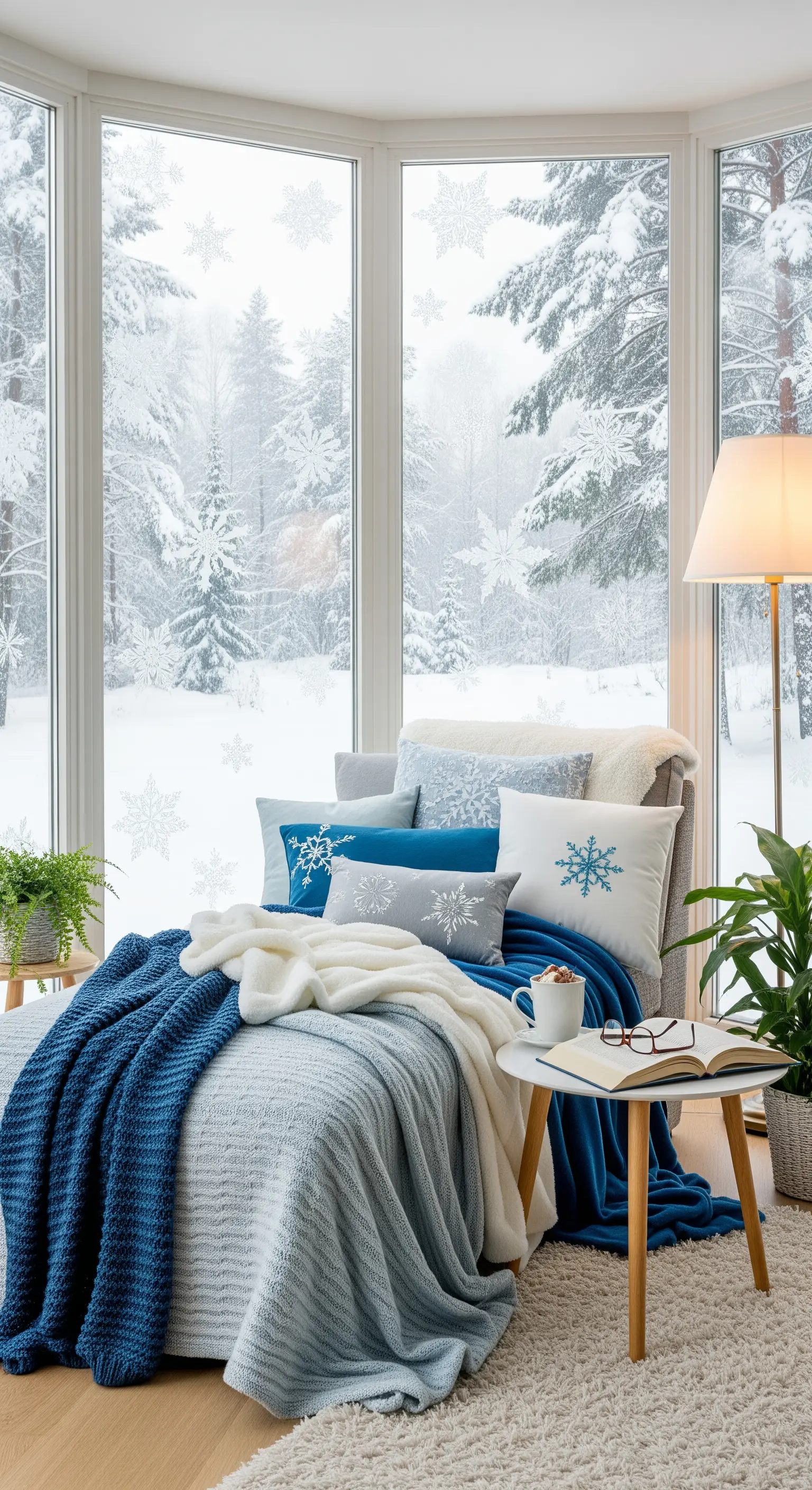 Liegesessel am Fenster mit blauen Strickdecken und Winterausblick