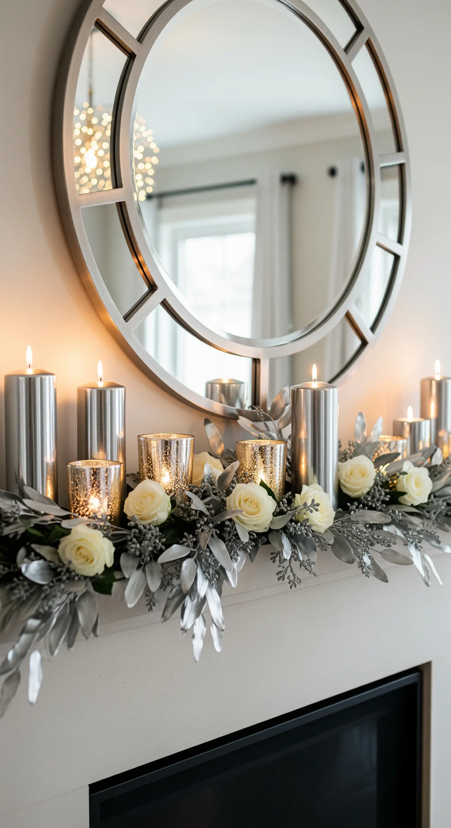 Silberne Stumpenkerzen und weiße Rosen vor einem Rundspiegel