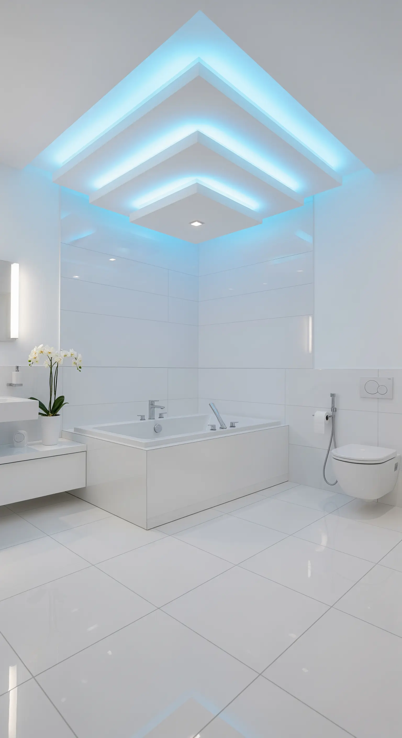 Weißes Badezimmer mit blauer indirekter LED-Beleuchtung in der Decke