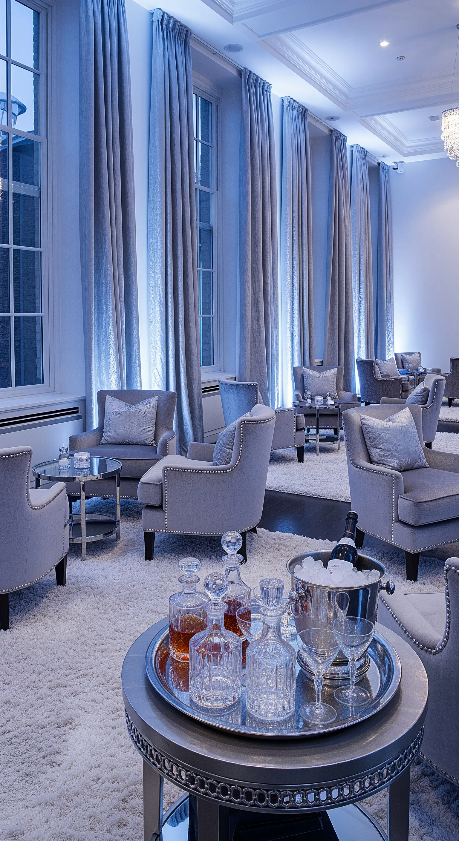 Graue Samtsessel in einer eleganten Lounge mit Silbertönen