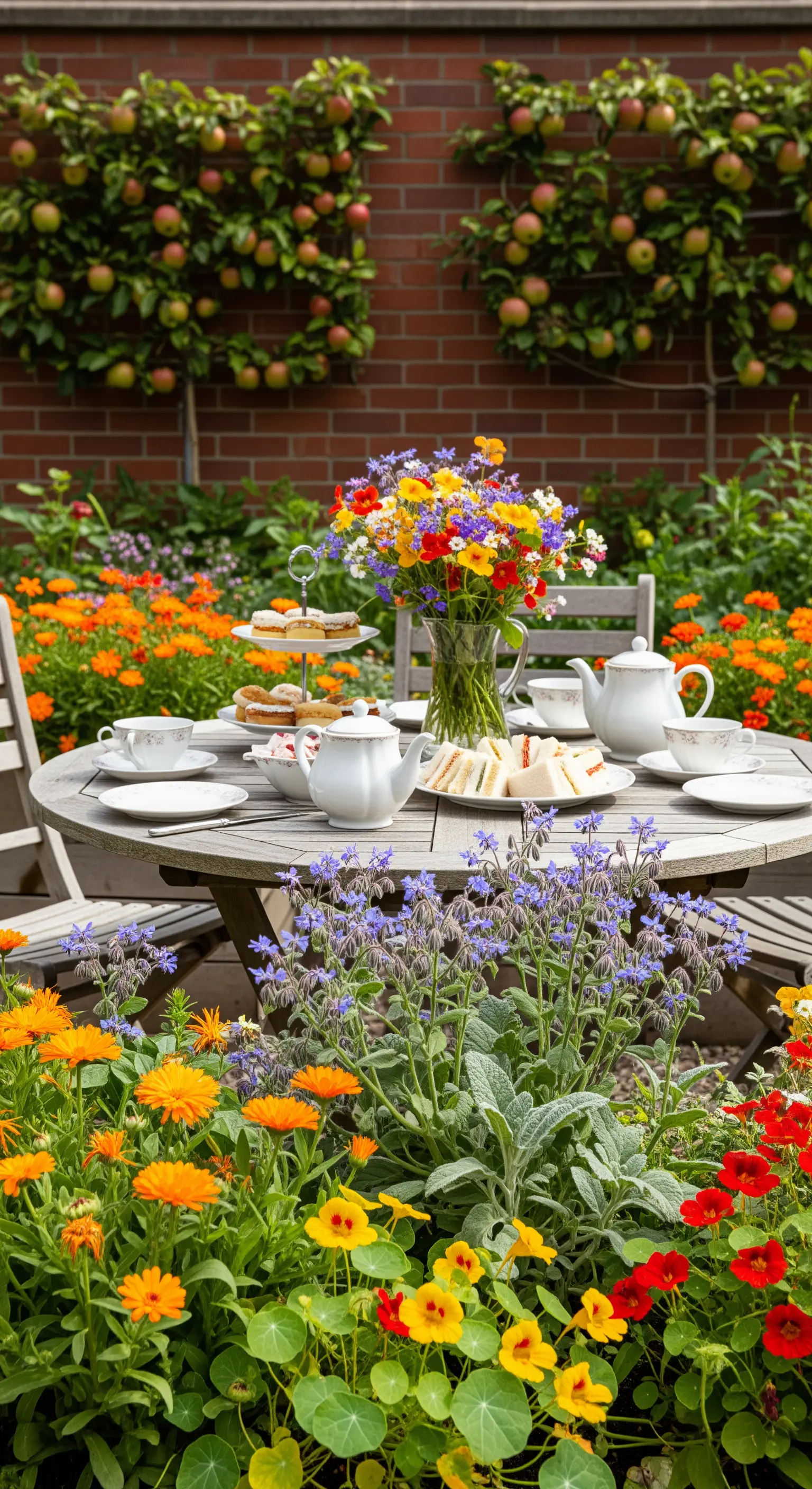 Gedeckter Teetisch im Garten vor Wand mit Spalierobstbäumen